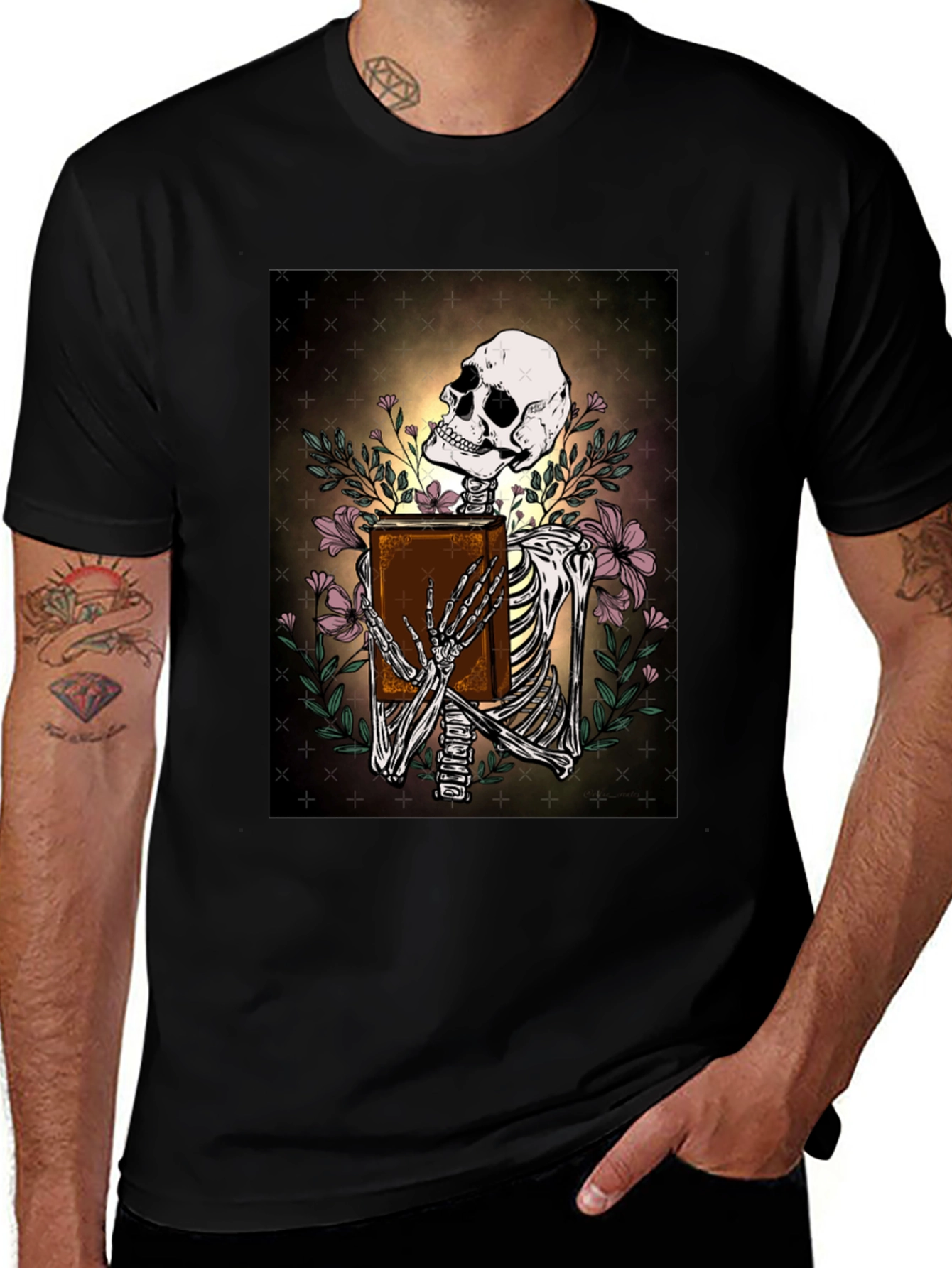 Skeleton Bookworm T-Shirt - Gothic Scholar Design