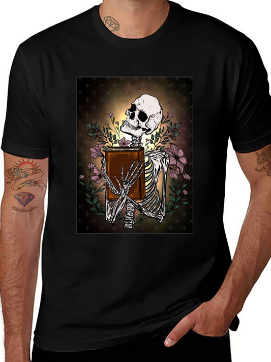 Skeleton Bookworm T-Shirt - Gothic Scholar Design
