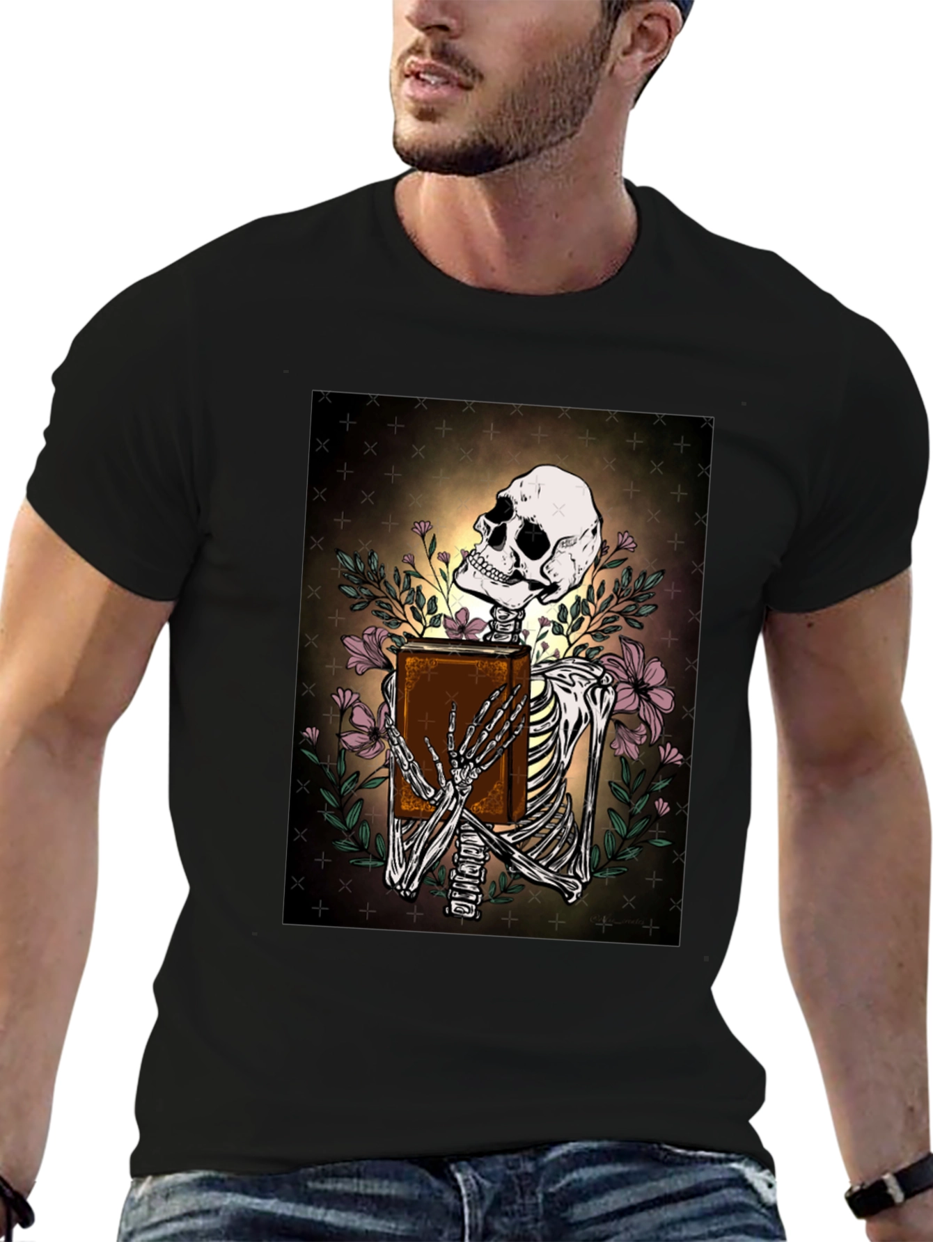 Skeleton Bookworm T-Shirt - Gothic Scholar Design