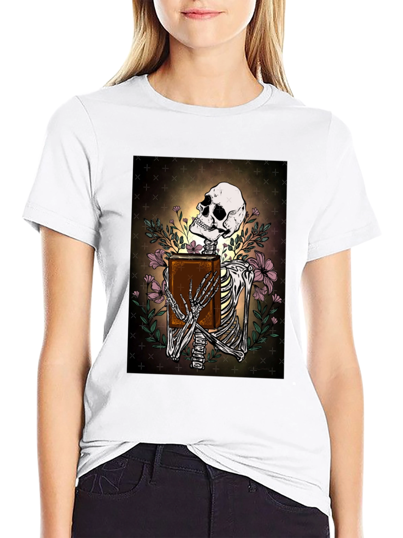 Skeleton Bookworm T-Shirt - Gothic Scholar Design