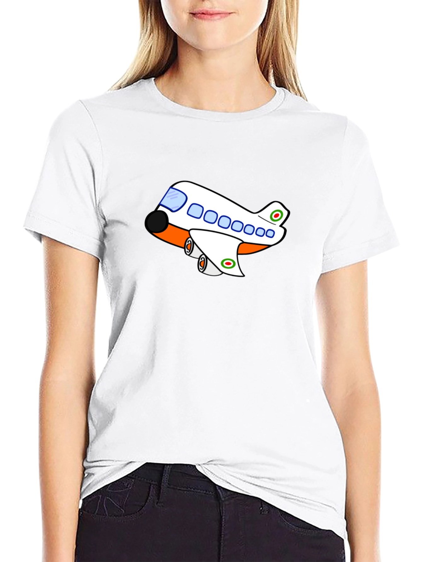 Cartoon Airplane T-Shirt - Black Short Sleeve