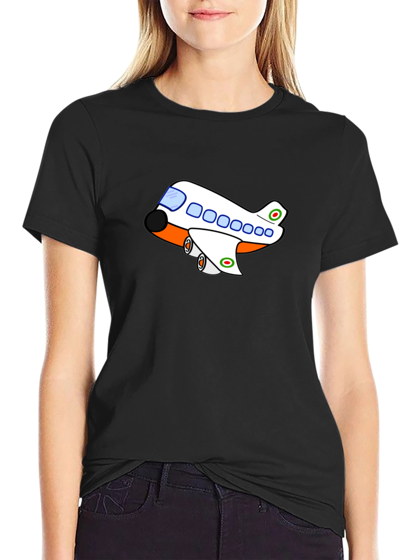 Cartoon Airplane T-Shirt - Black Short Sleeve