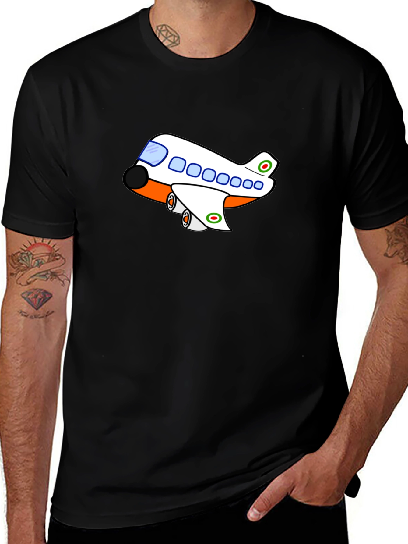 Cartoon Airplane T-Shirt - Black Short Sleeve