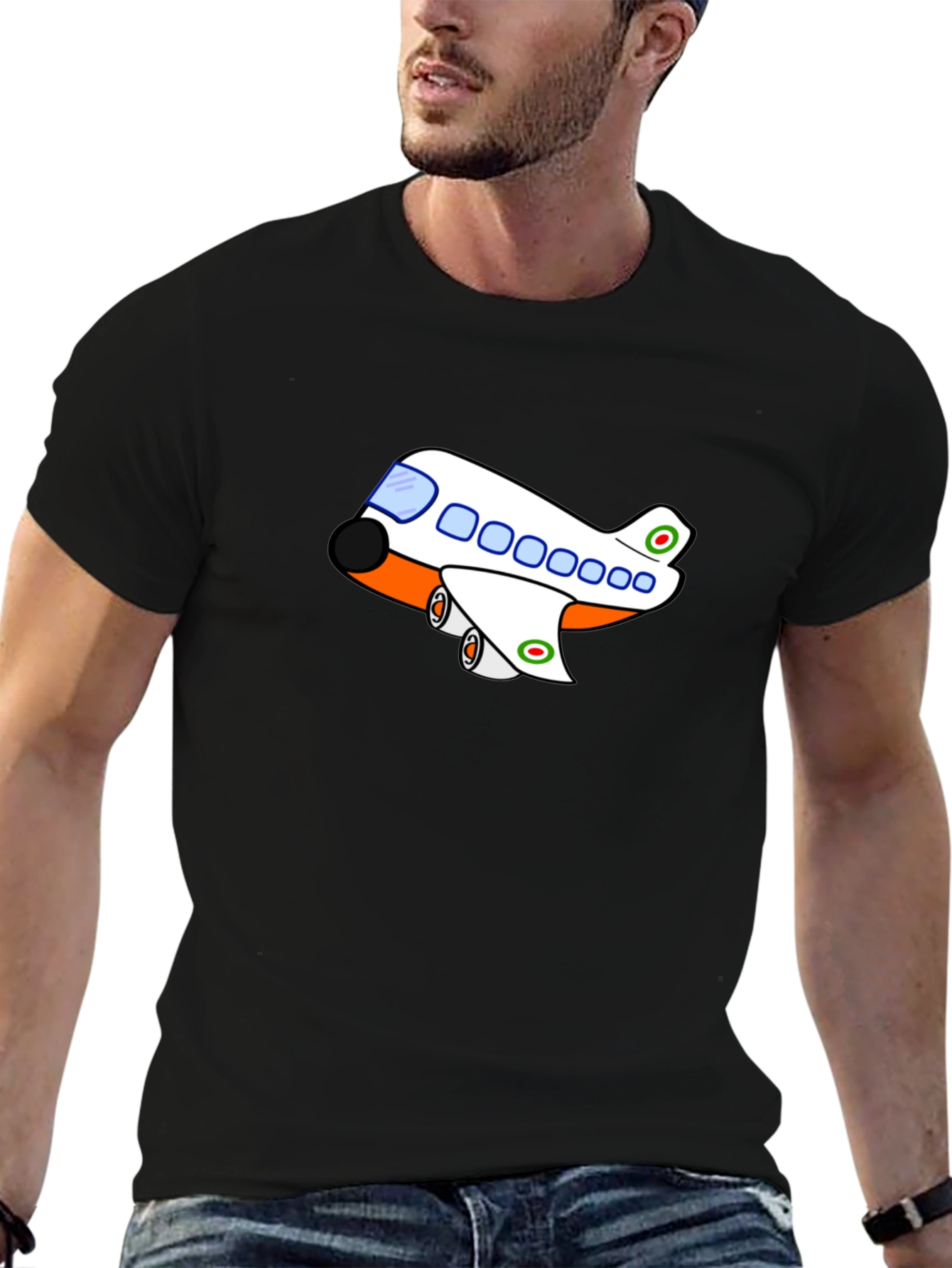 Cartoon Airplane T-Shirt - Black Short Sleeve
