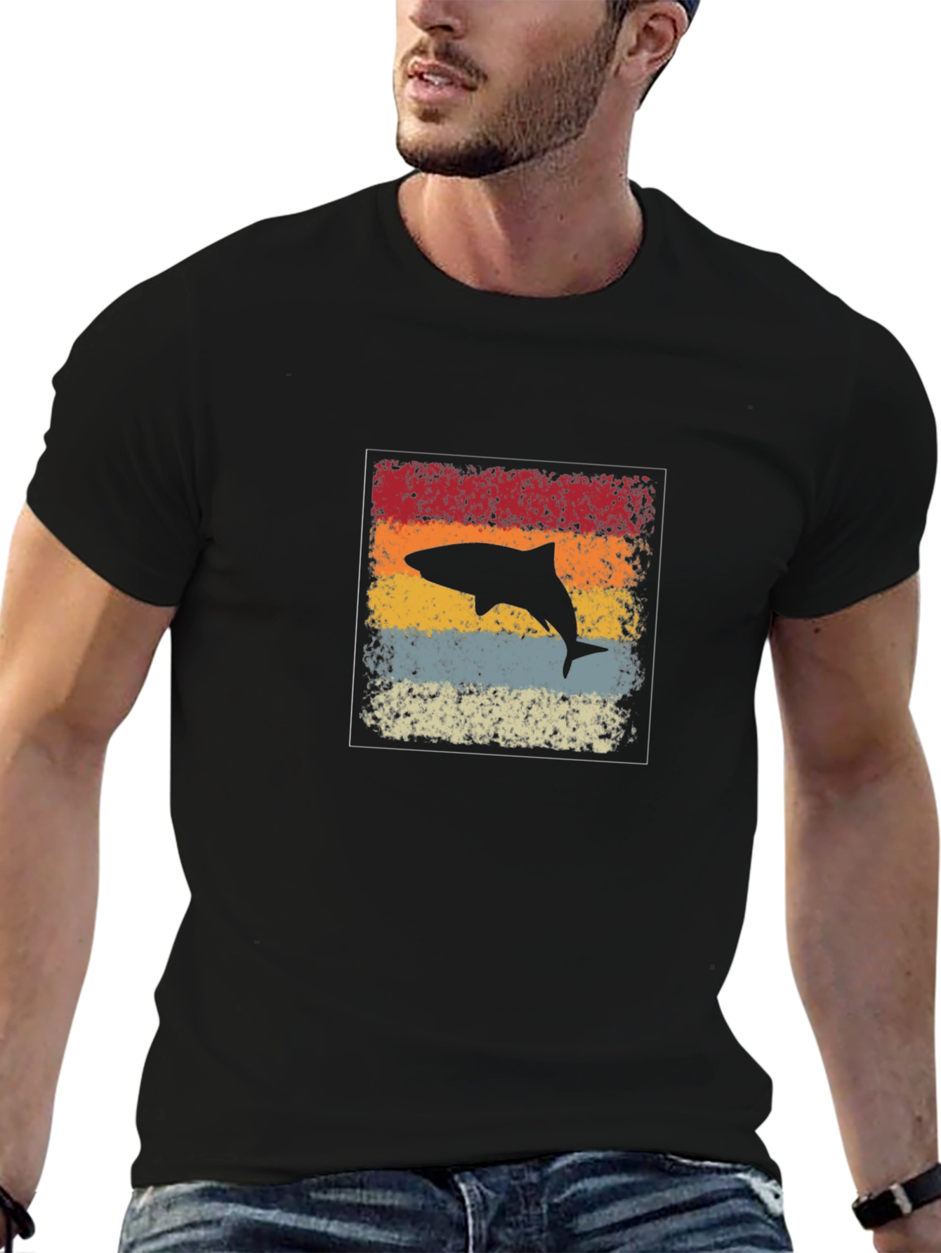 Retro Shark Graphic Tee - Black Cotton Casual Shirt