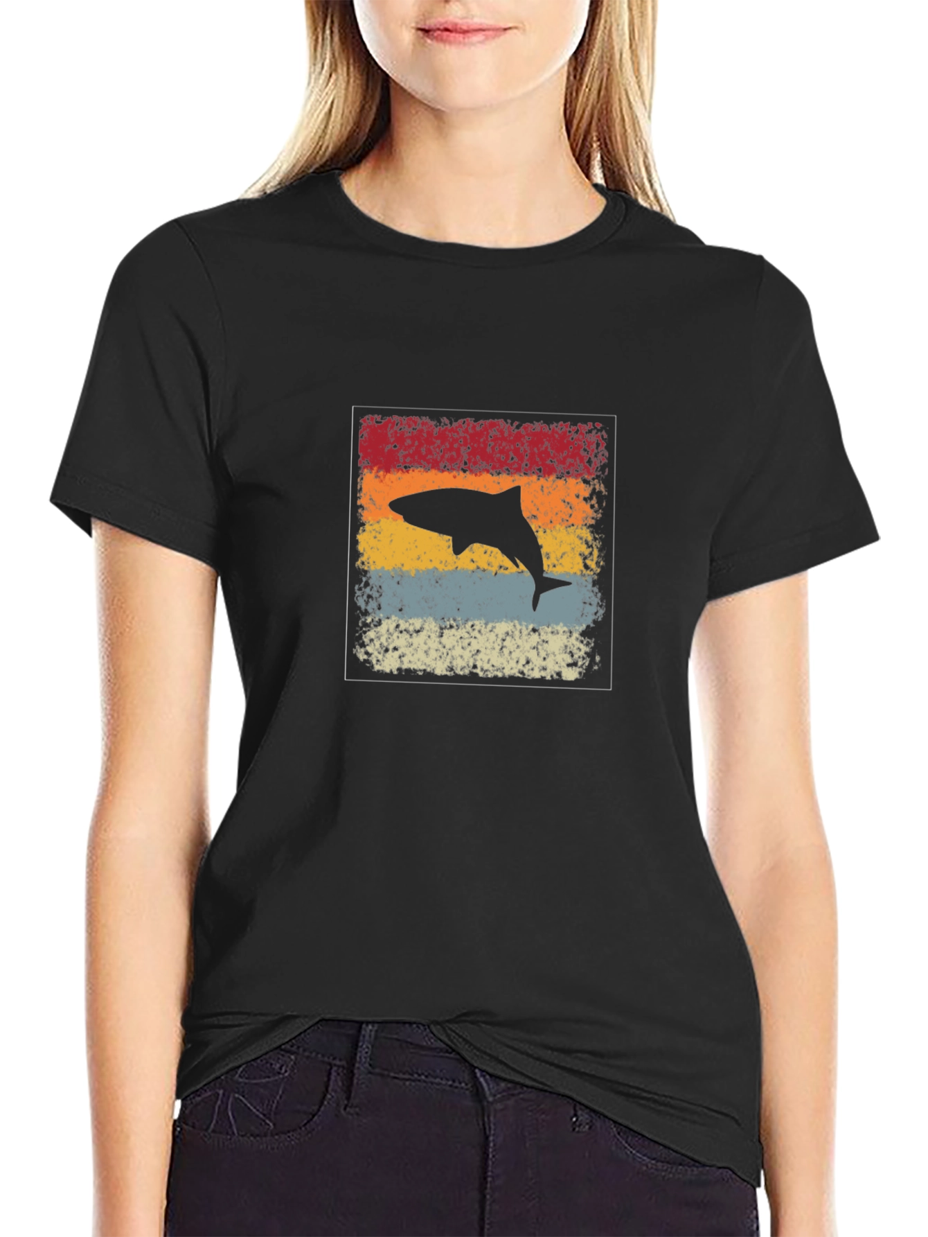 Retro Shark Graphic Tee - Black Cotton Casual Shirt