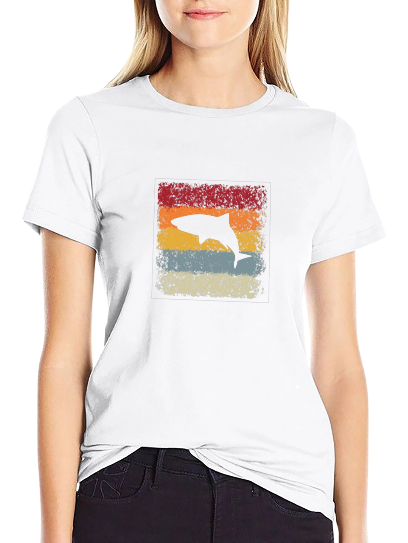 Retro Shark Graphic Tee - Black Cotton Casual Shirt