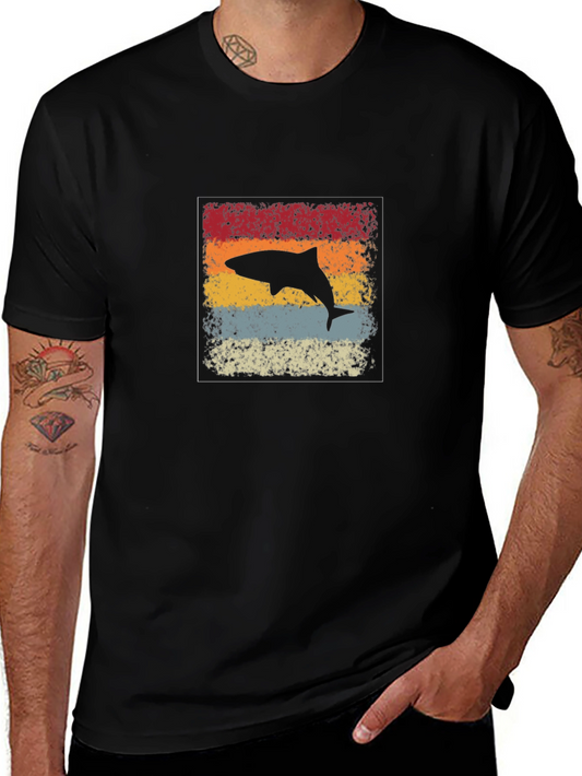 Retro Shark Graphic Tee - Black Cotton Casual Shirt