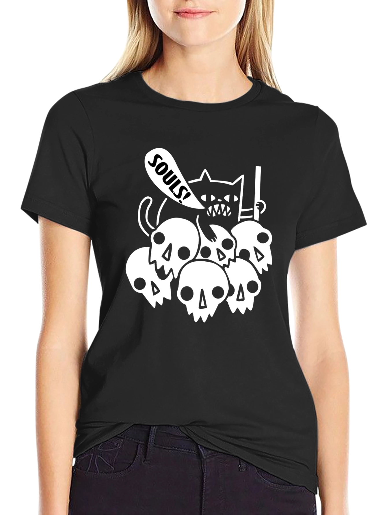Skull Cat Souls Black Graphic T-Shirt