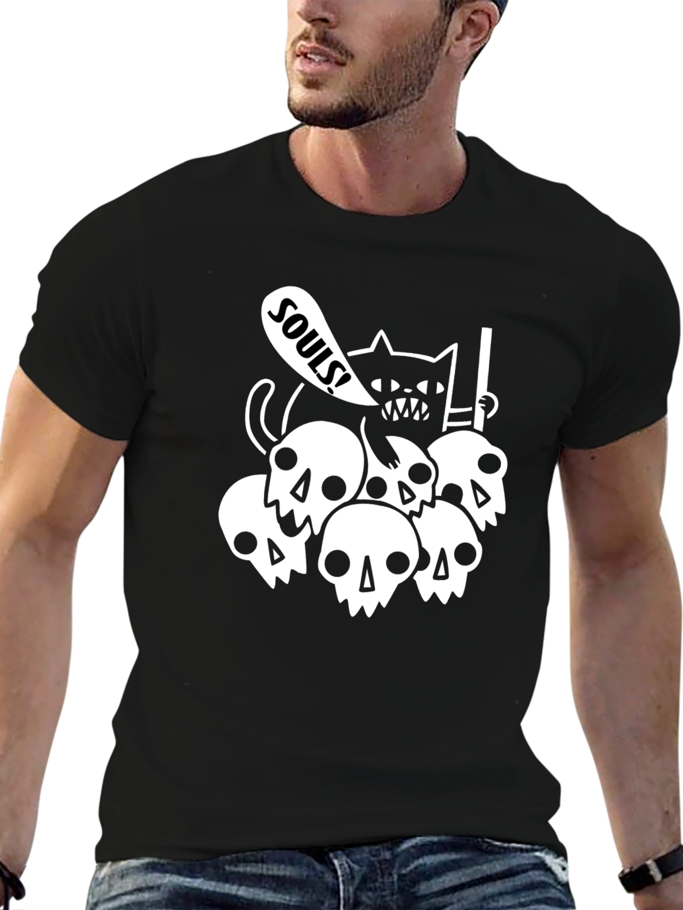 Skull Cat Souls Black Graphic T-Shirt