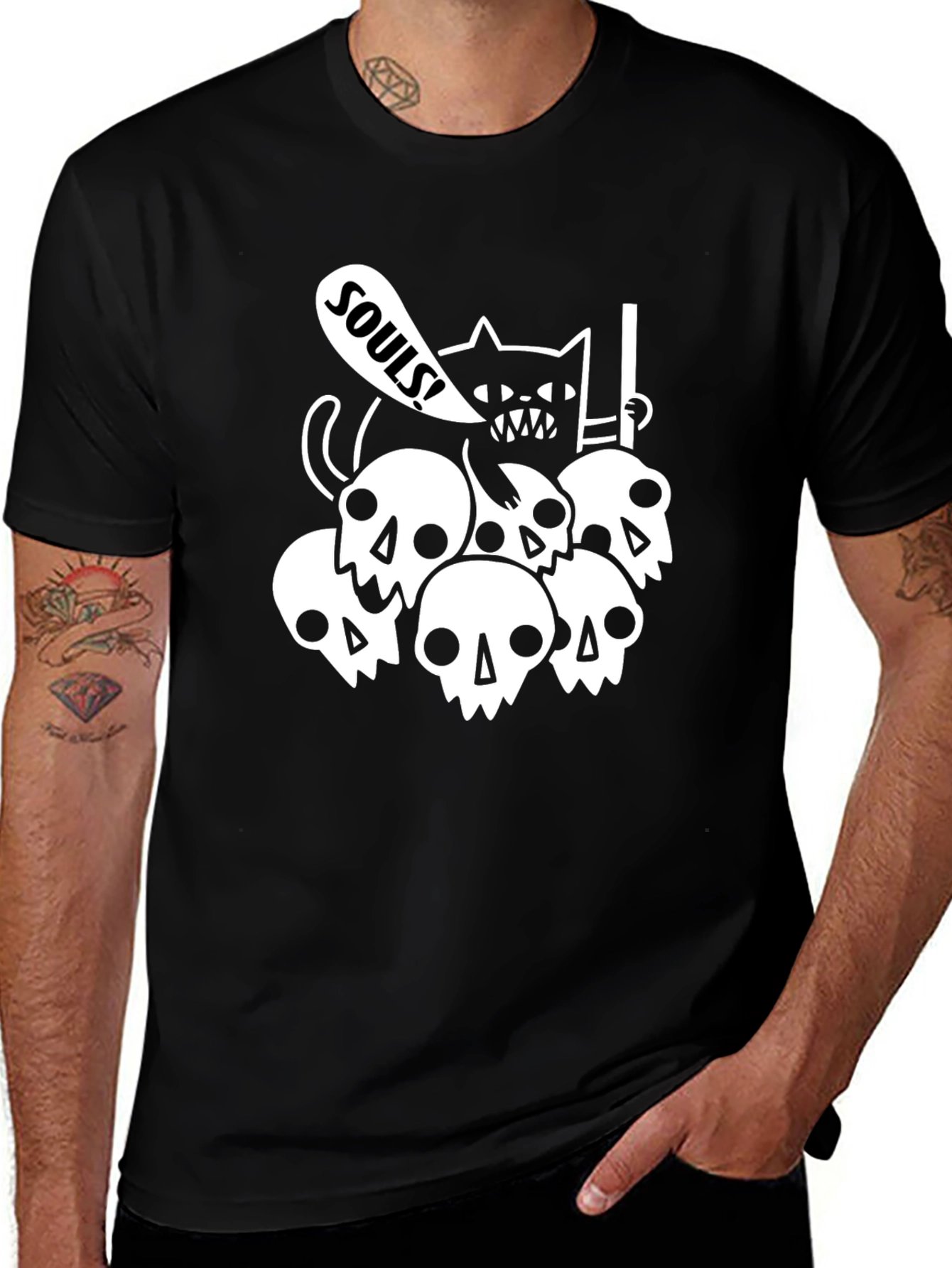 Skull Cat Souls Black Graphic T-Shirt