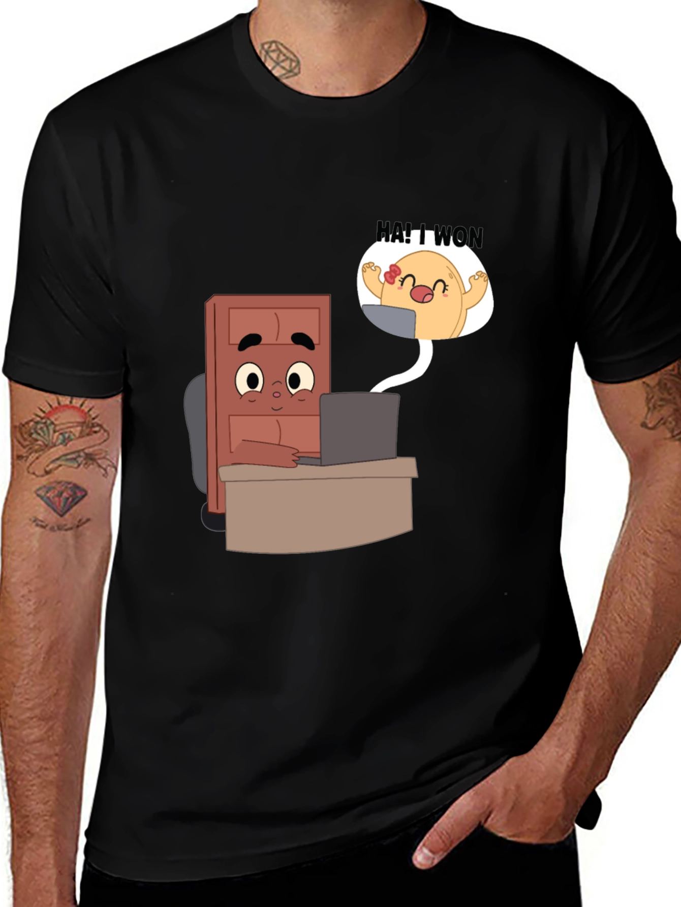 Cartoon Character Desk Scene Black T-Shirt