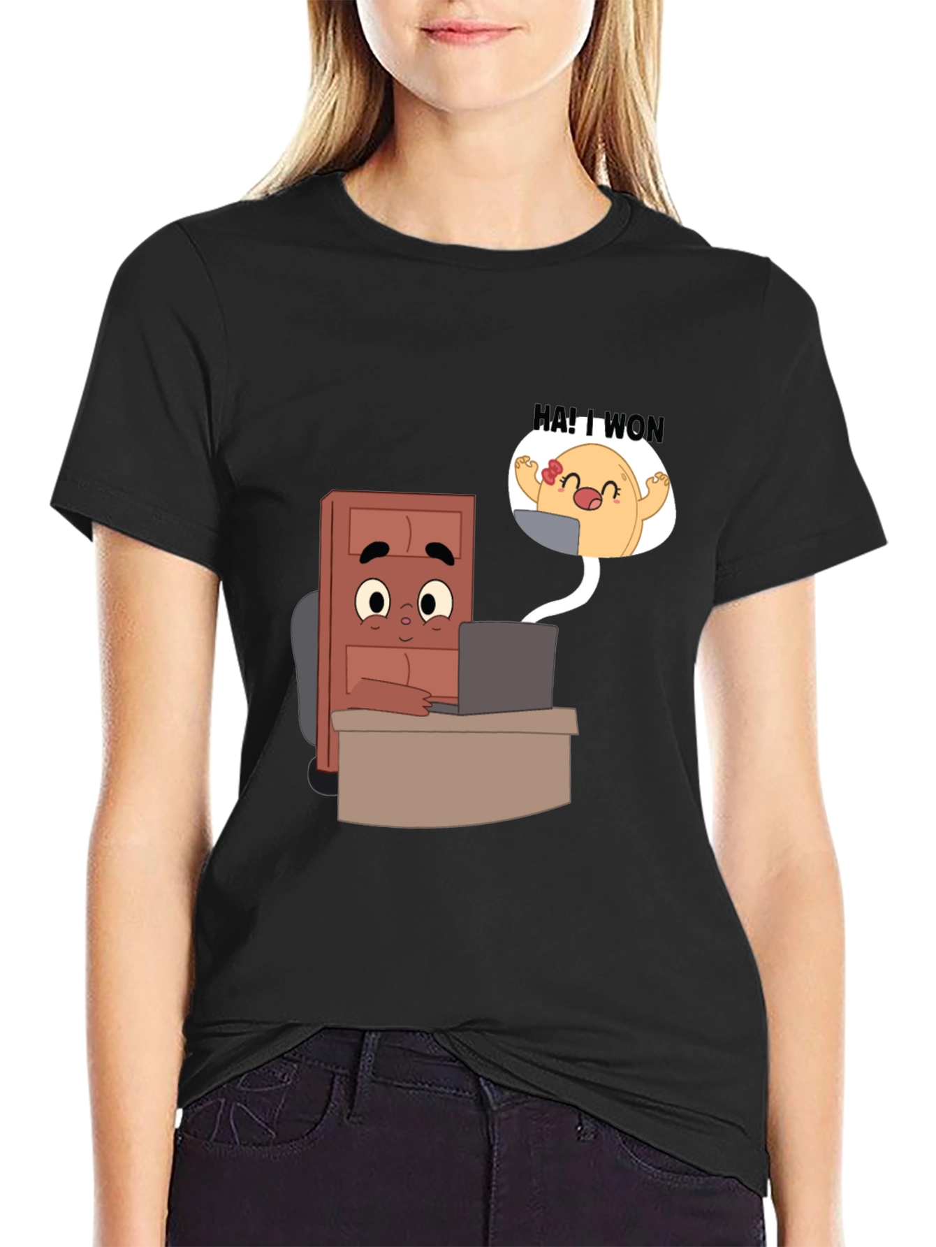 Cartoon Character Desk Scene Black T-Shirt