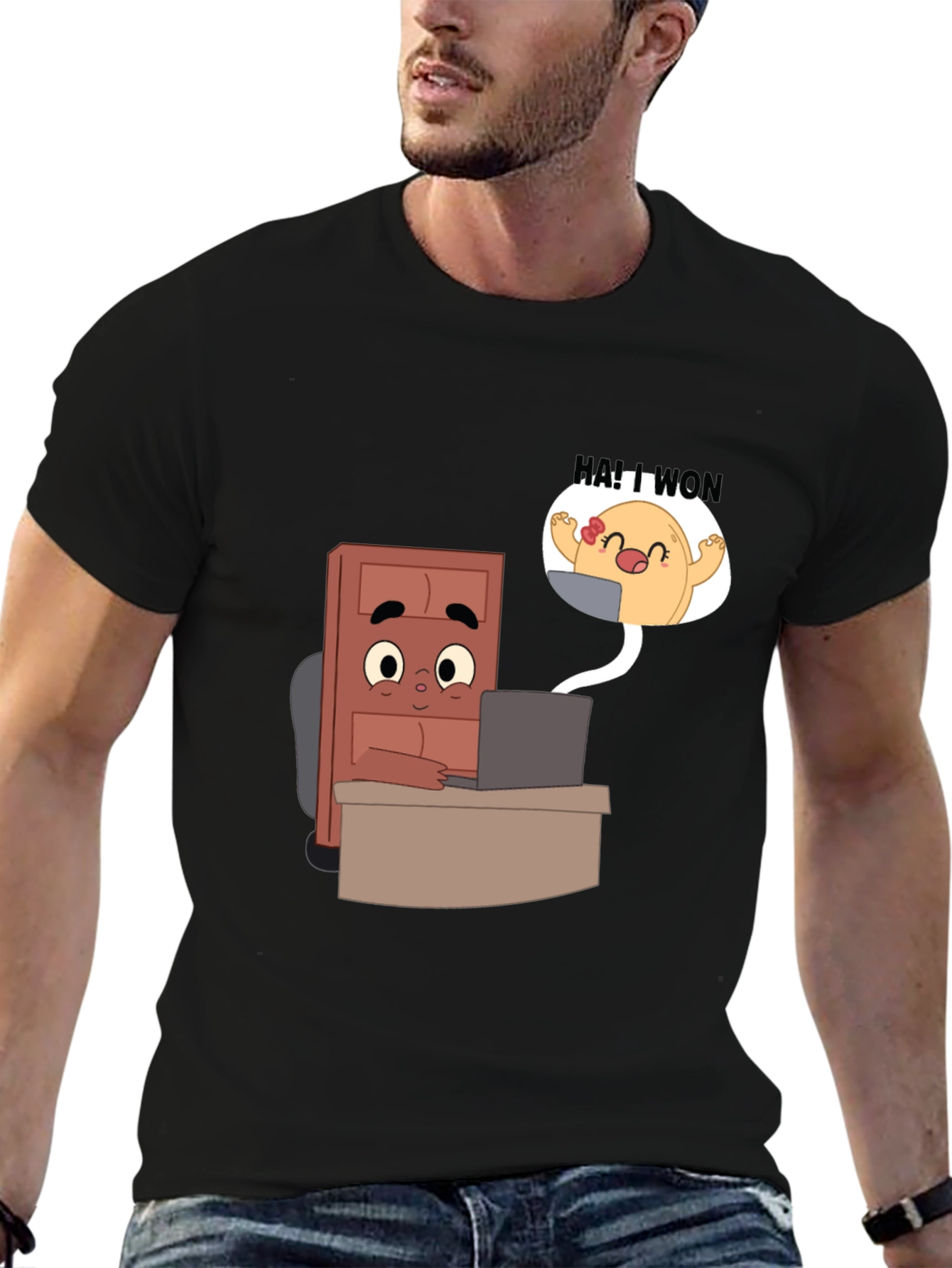 Cartoon Character Desk Scene Black T-Shirt