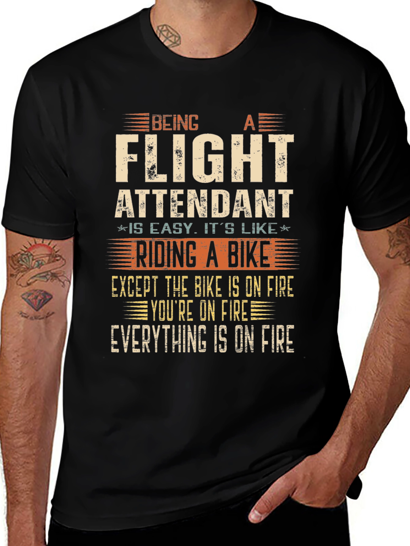 Flight Attendant T-Shirt - Riding a Bike on Fire!