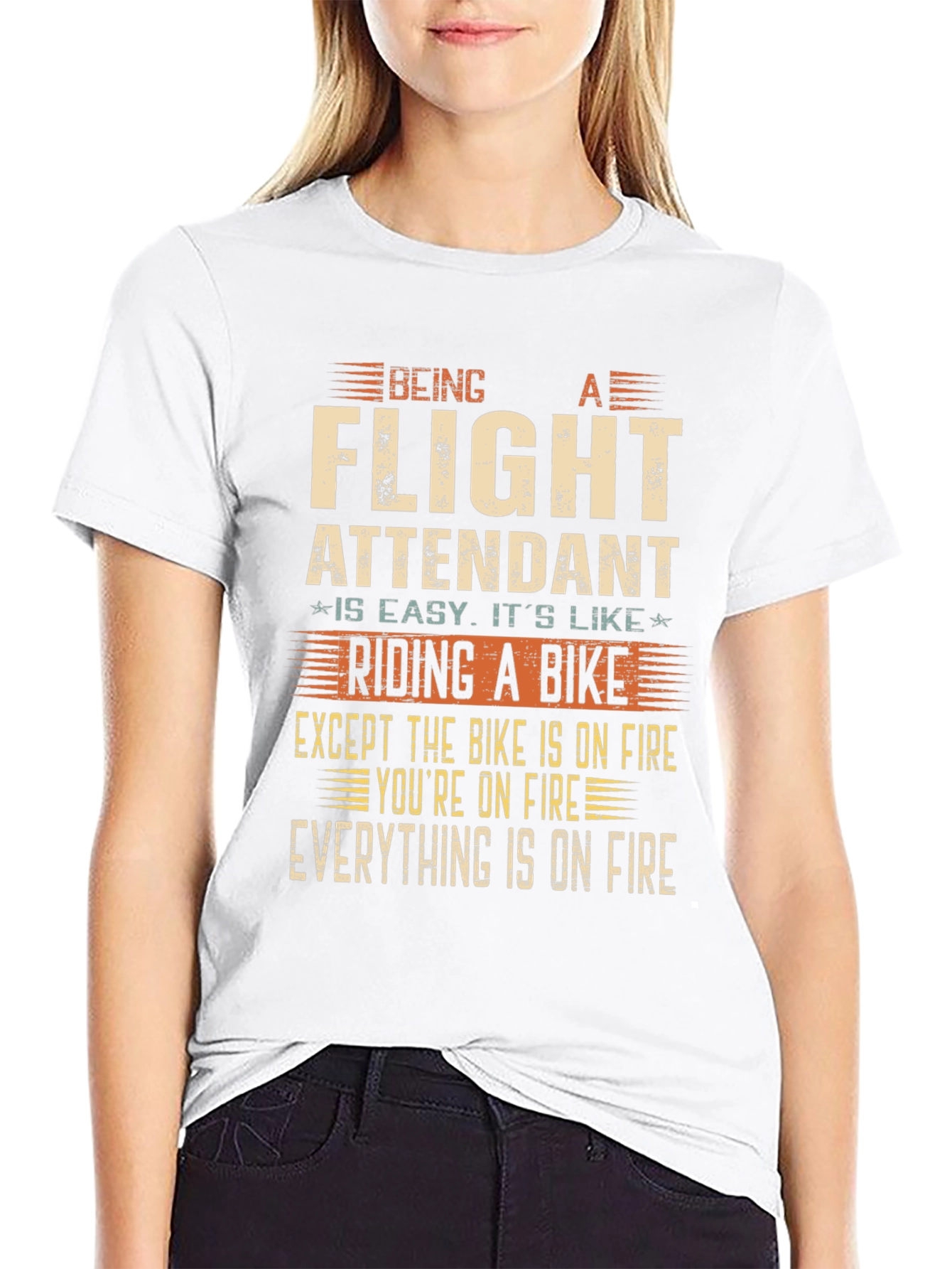 Flight Attendant T-Shirt - Riding a Bike on Fire!