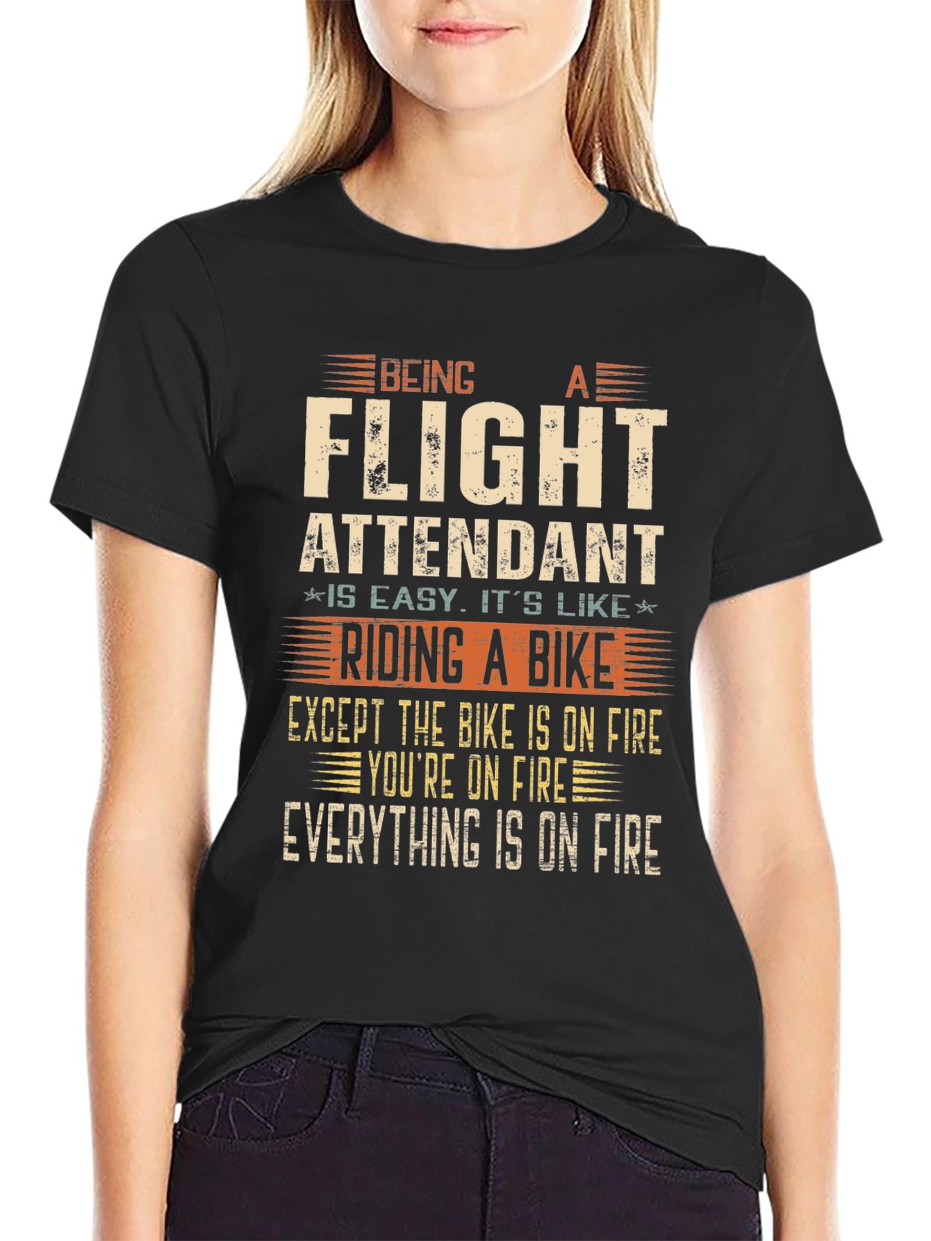 Flight Attendant T-Shirt - Riding a Bike on Fire!