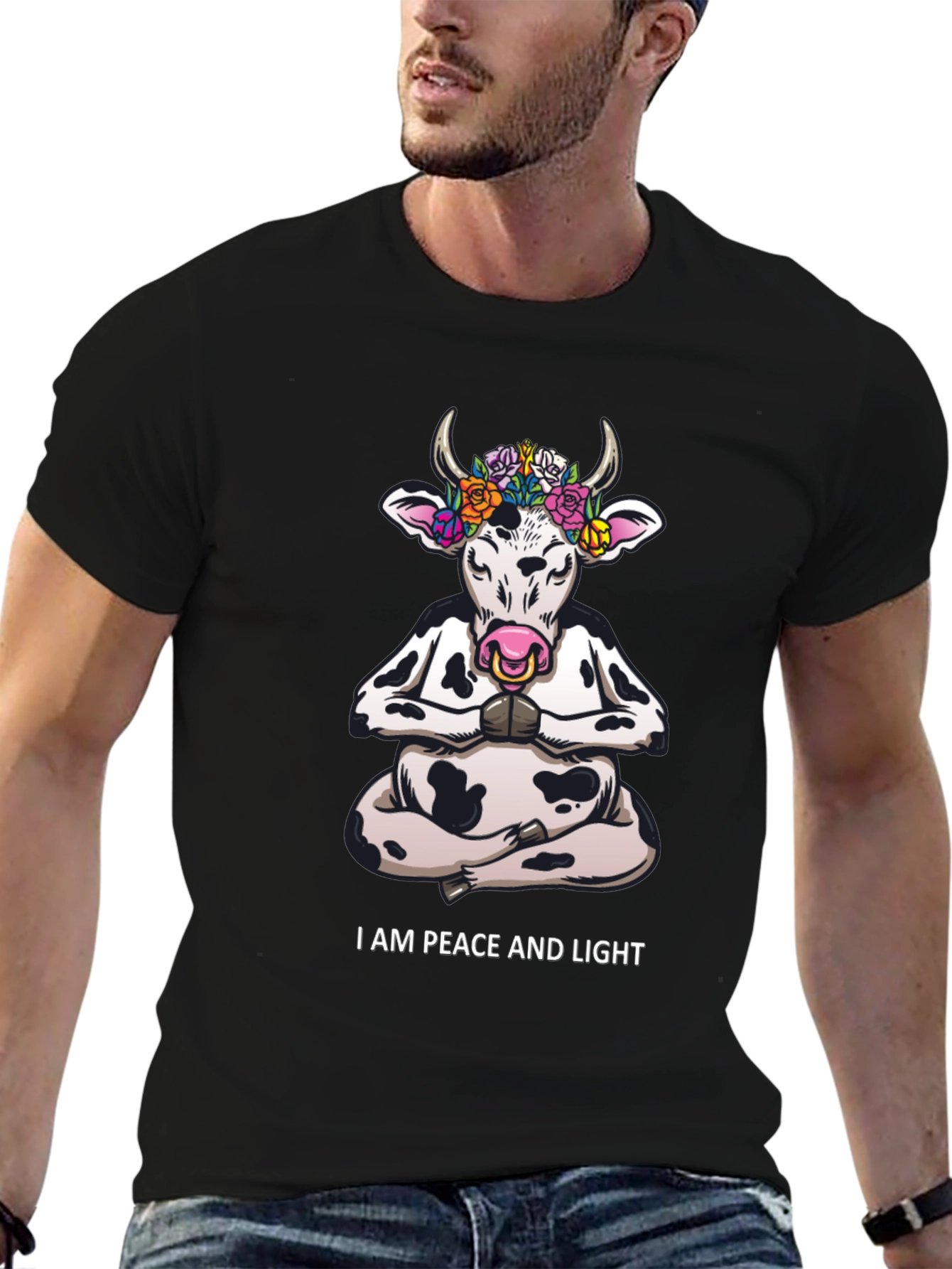Peace & Light Yoga Cow Graphic T-Shirt
