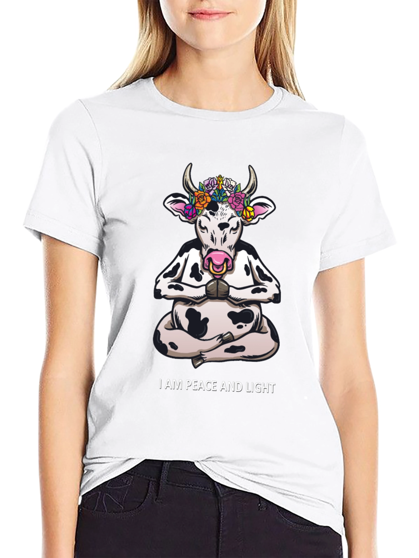 Peace & Light Yoga Cow Graphic T-Shirt