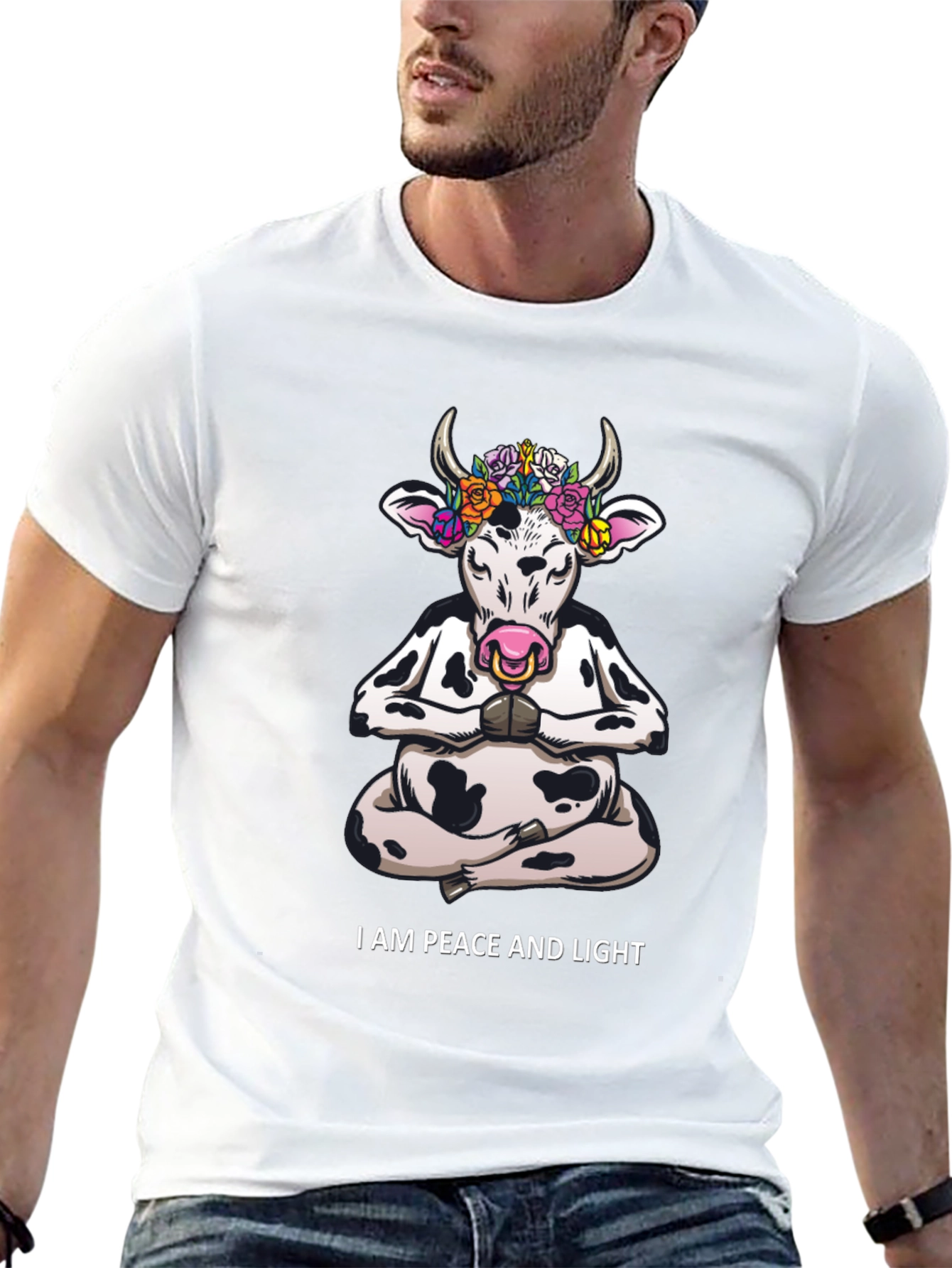 Peace & Light Yoga Cow Graphic T-Shirt