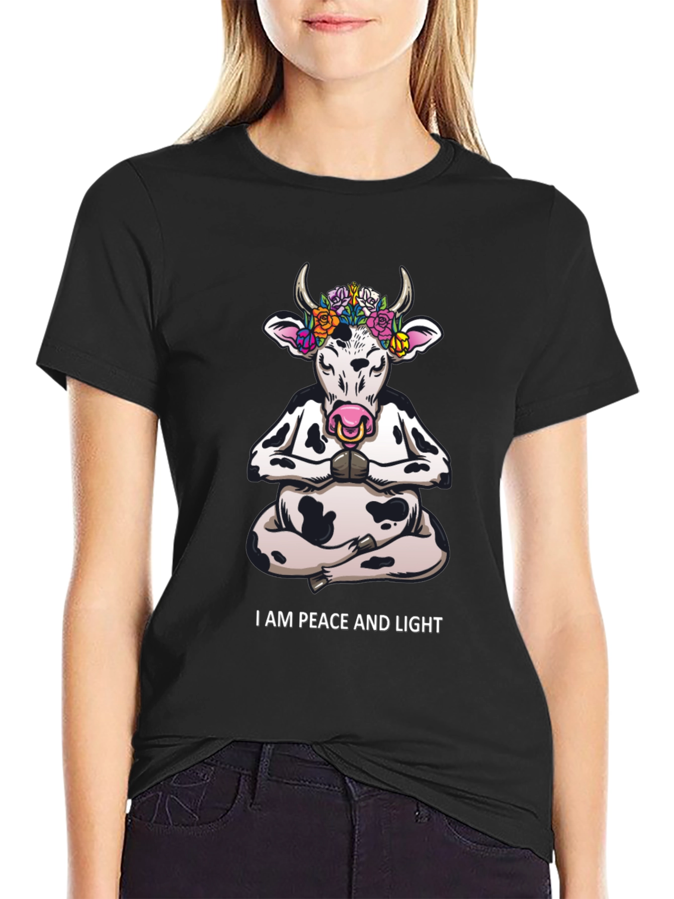 Peace & Light Yoga Cow Graphic T-Shirt