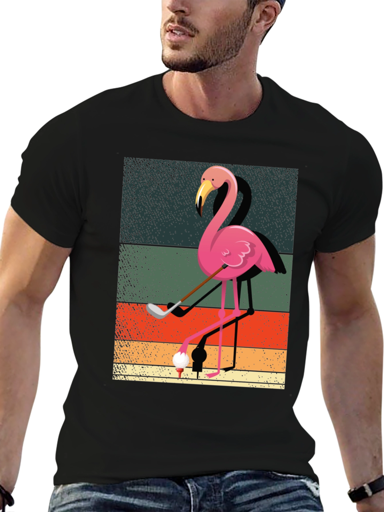 Golfing Flamingo Graphic Tee - Mens Black T-Shirt