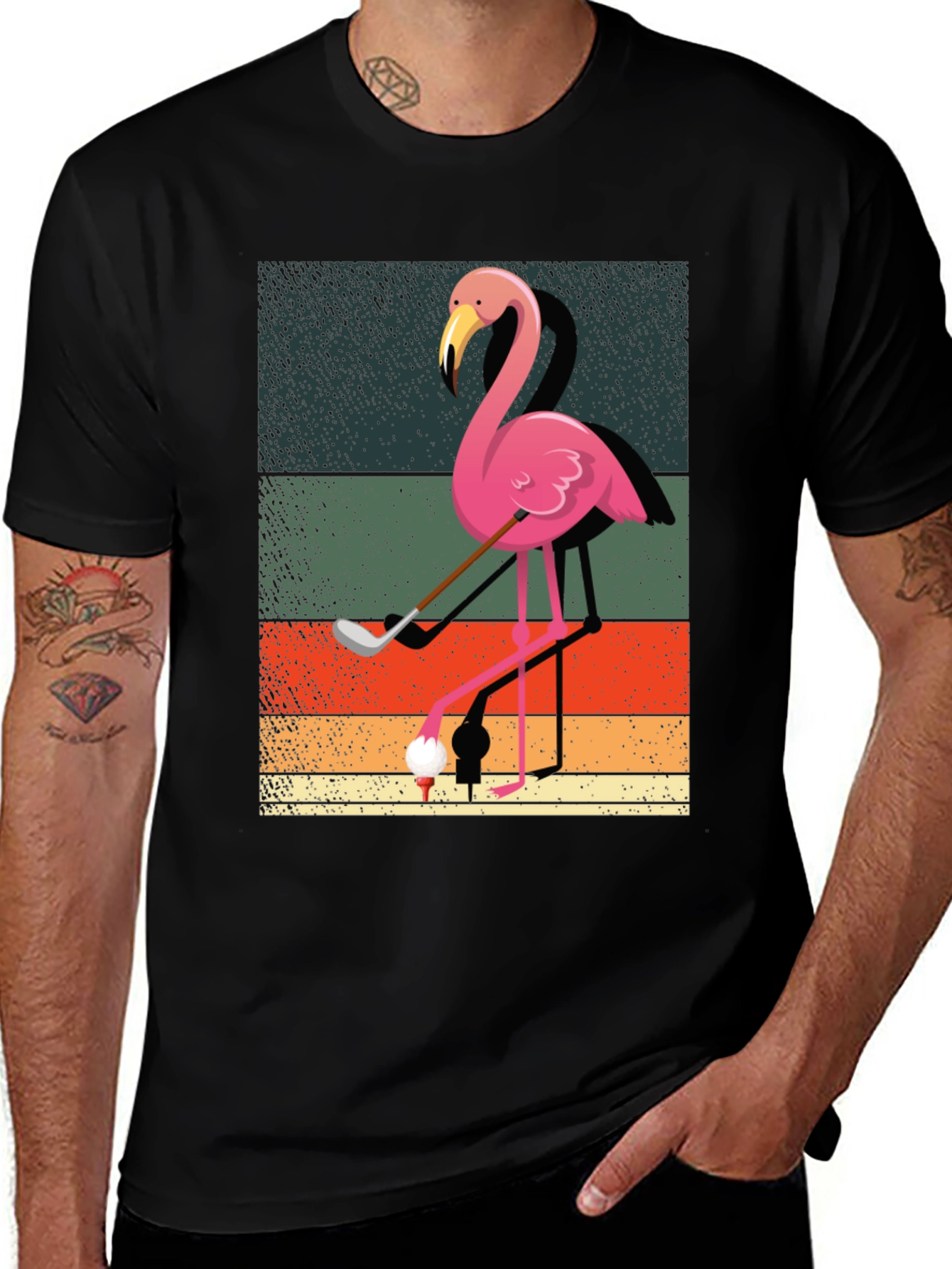 Golfing Flamingo Graphic Tee - Mens Black T-Shirt
