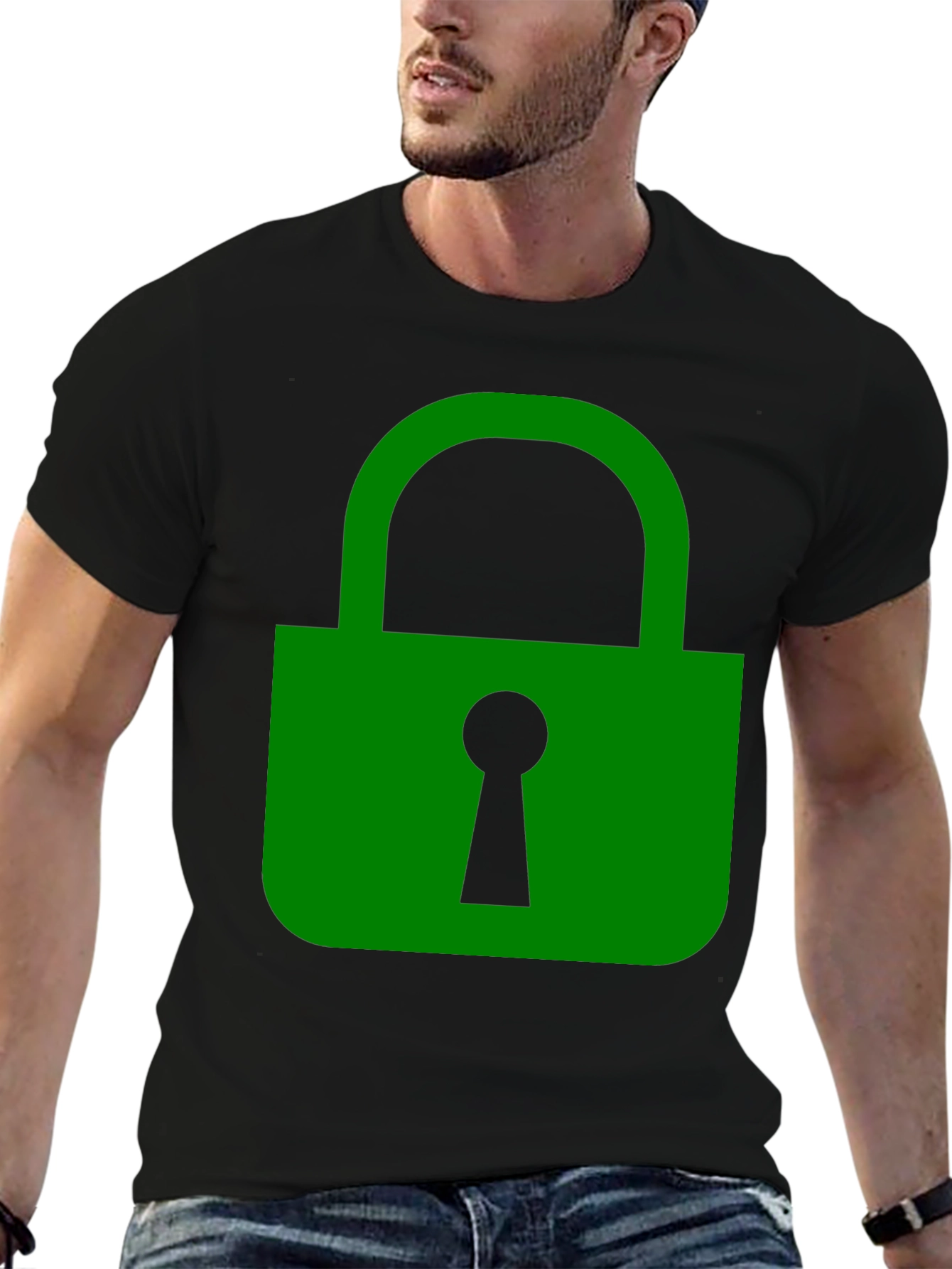 Green Lock Graphic Black T-Shirt