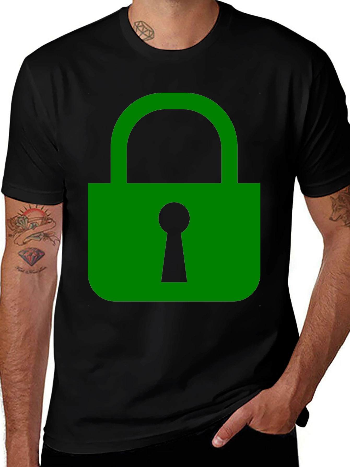 Green Lock Graphic Black T-Shirt