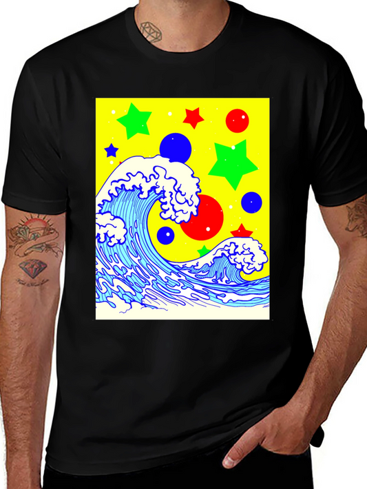 Retro Wave Graphic Tee - Unique Design Black Cotton Shirt