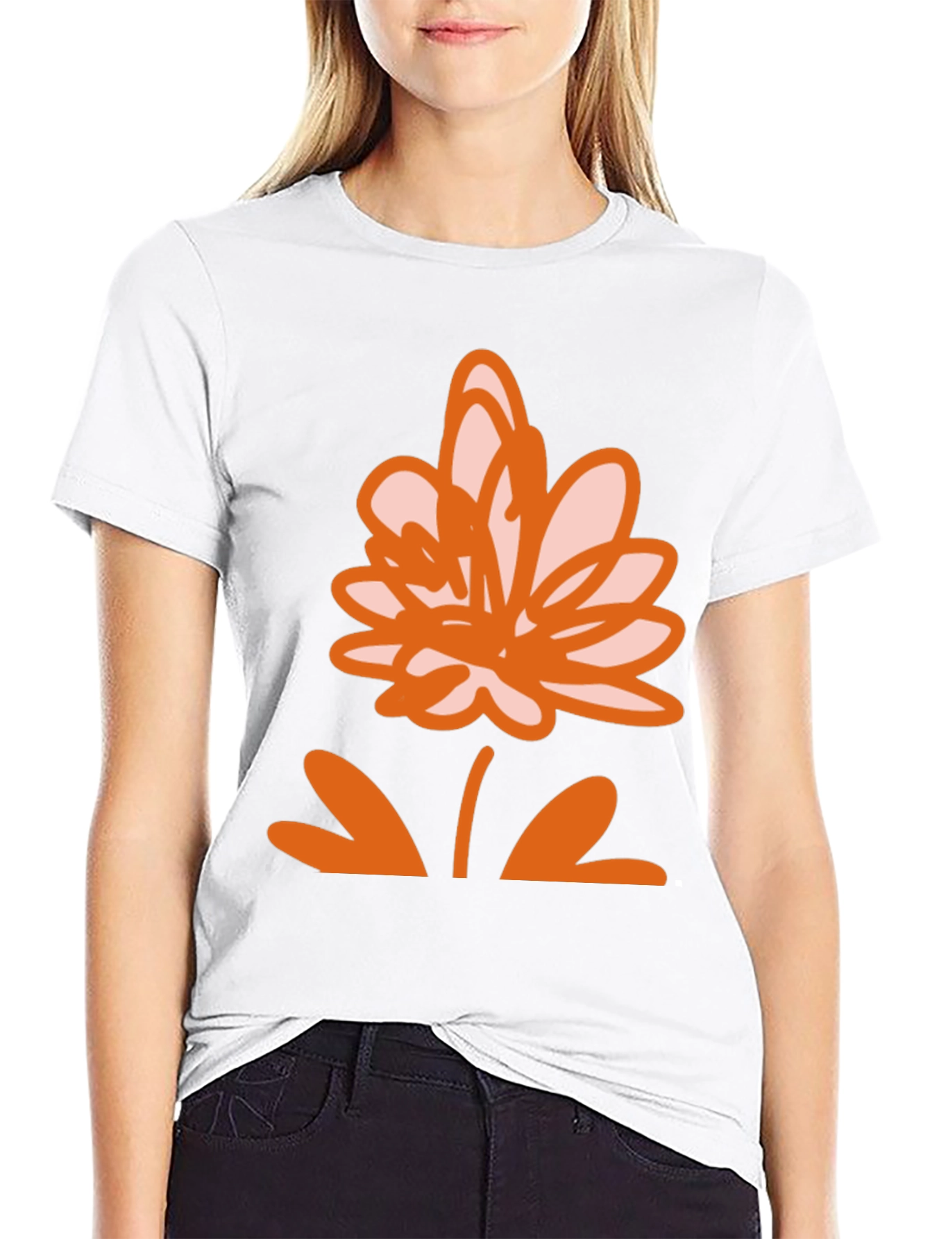 Black T-Shirt with Orange Flower Design