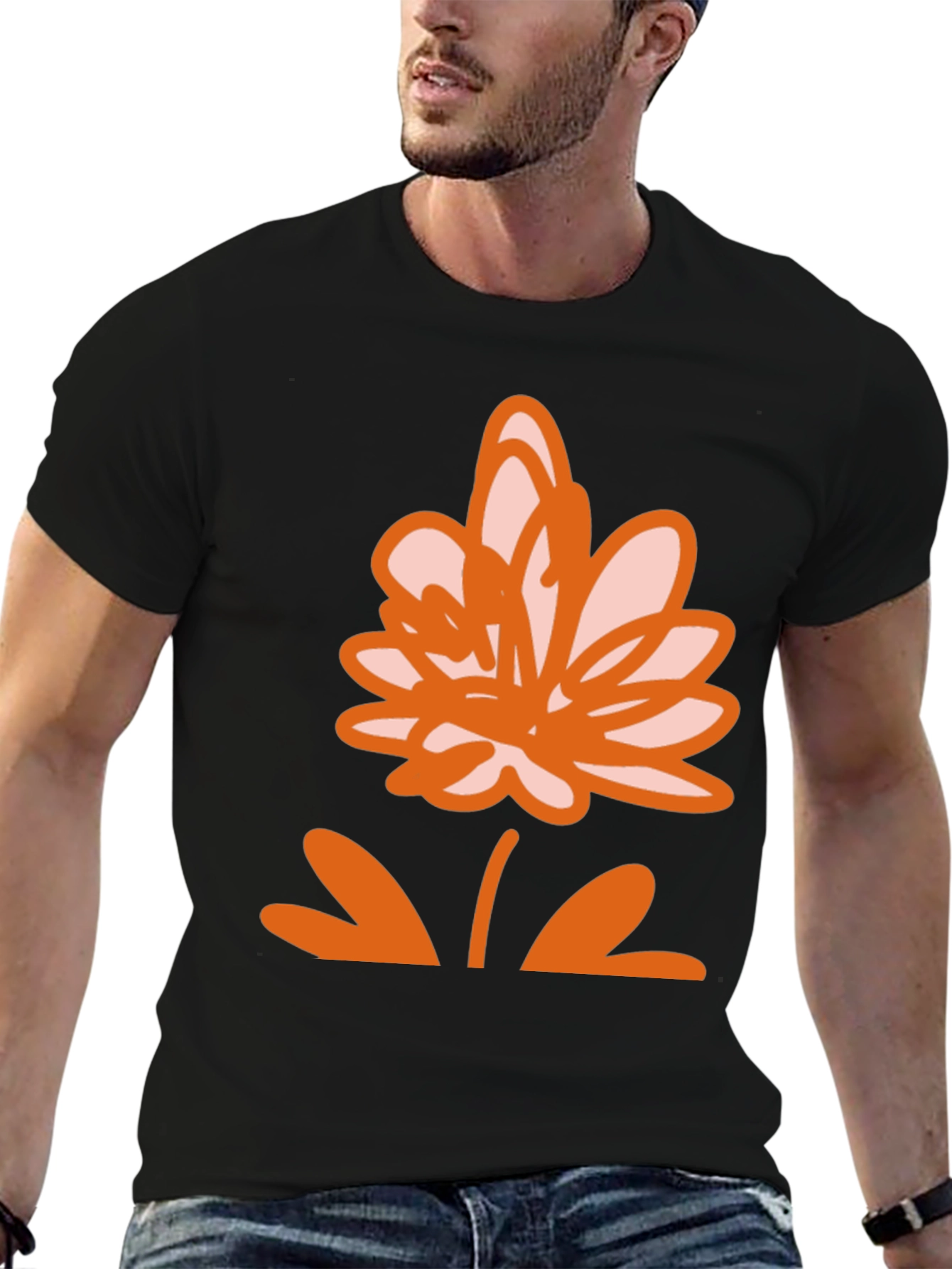 Black T-Shirt with Orange Flower Design