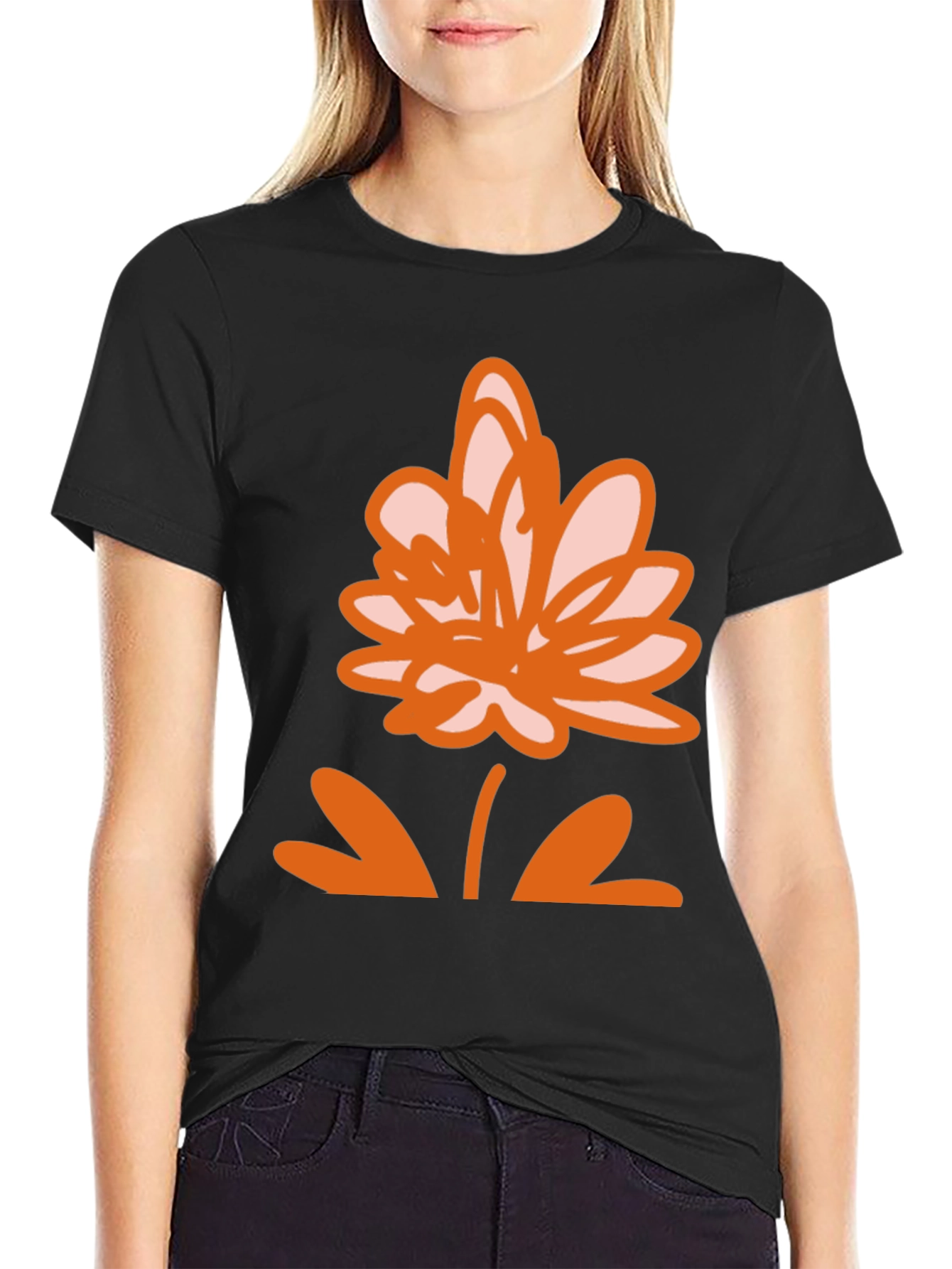 Black T-Shirt with Orange Flower Design