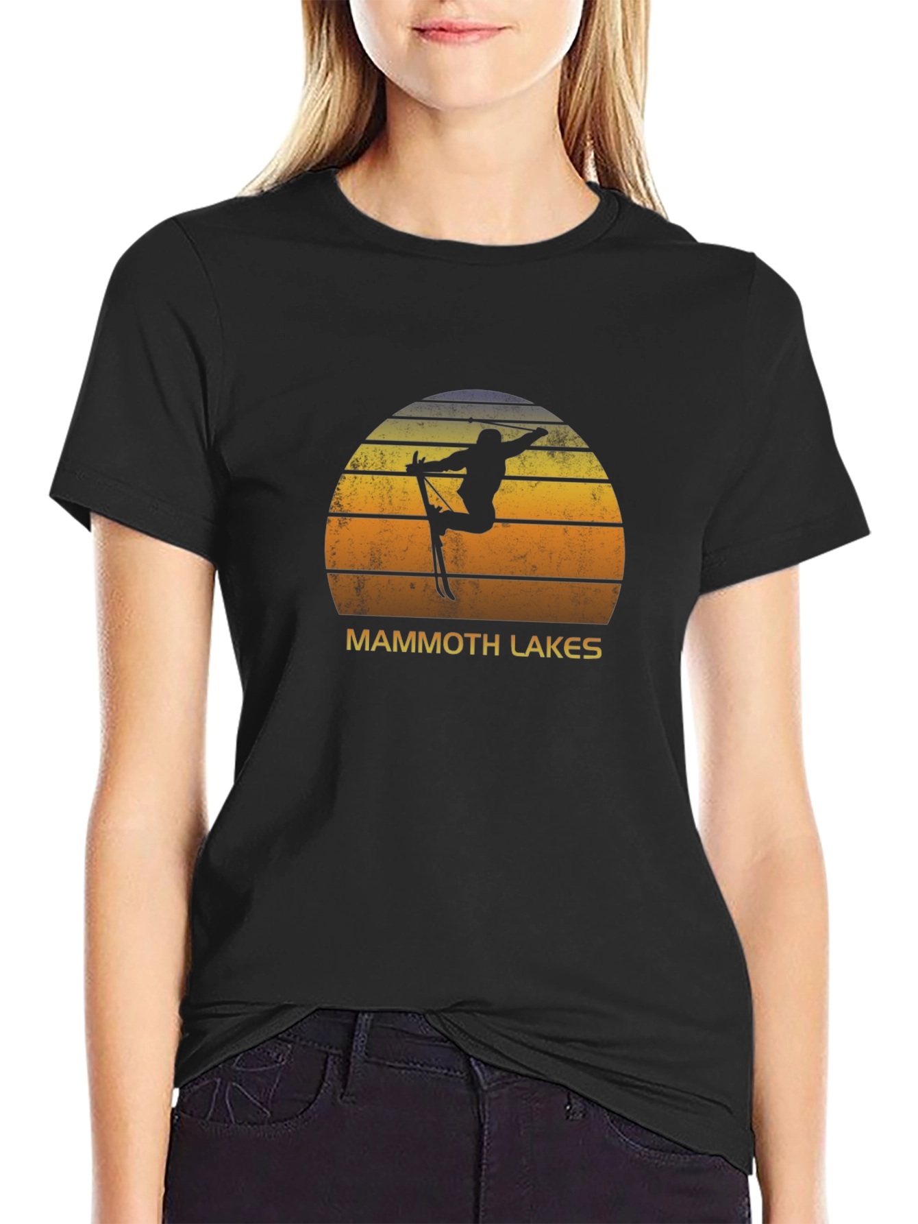 Mammoth Lakes Skier Sunset Graphic Tee - Black Cotton