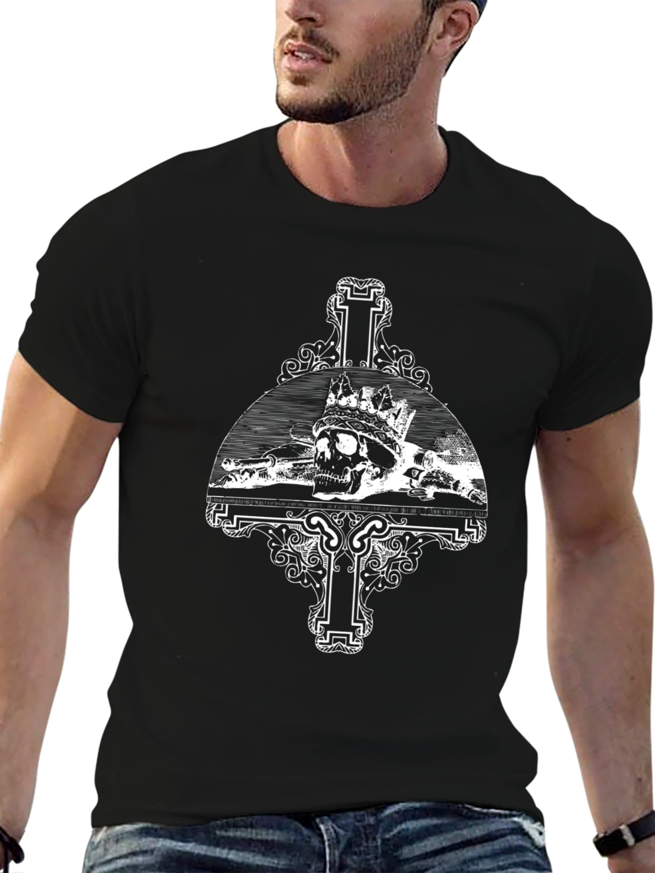 Skull Crown Cross Graphic Tee - Black Casual T-Shirt