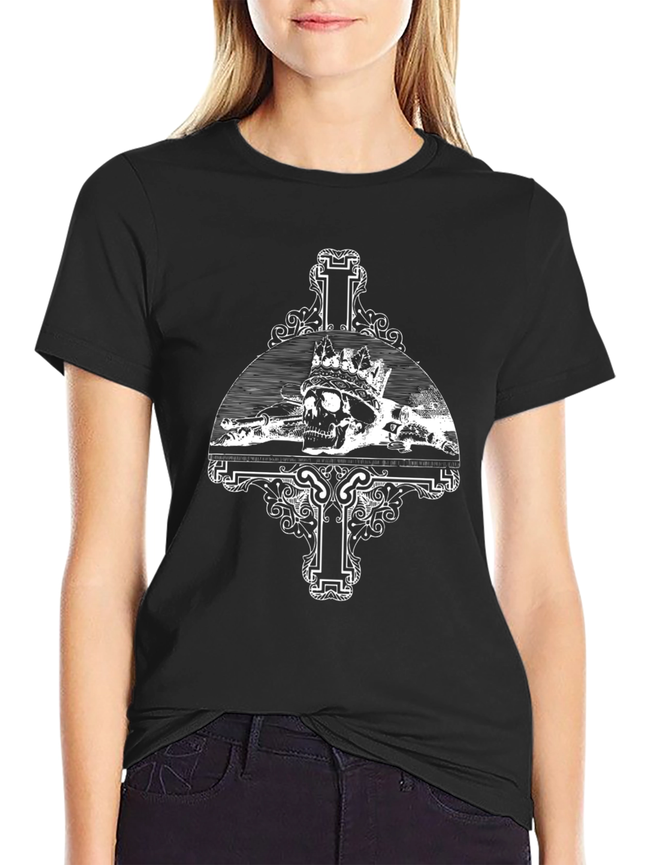 Skull Crown Cross Graphic Tee - Black Casual T-Shirt