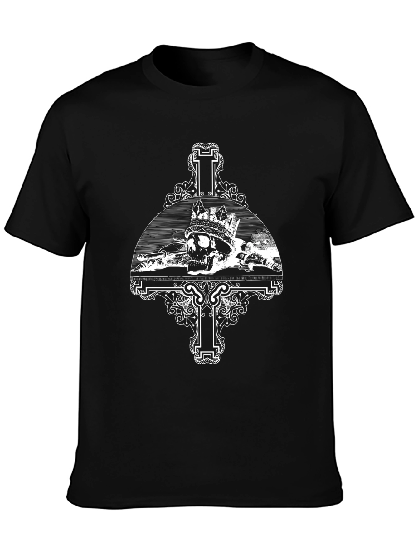 Skull Crown Cross Graphic Tee - Black Casual T-Shirt