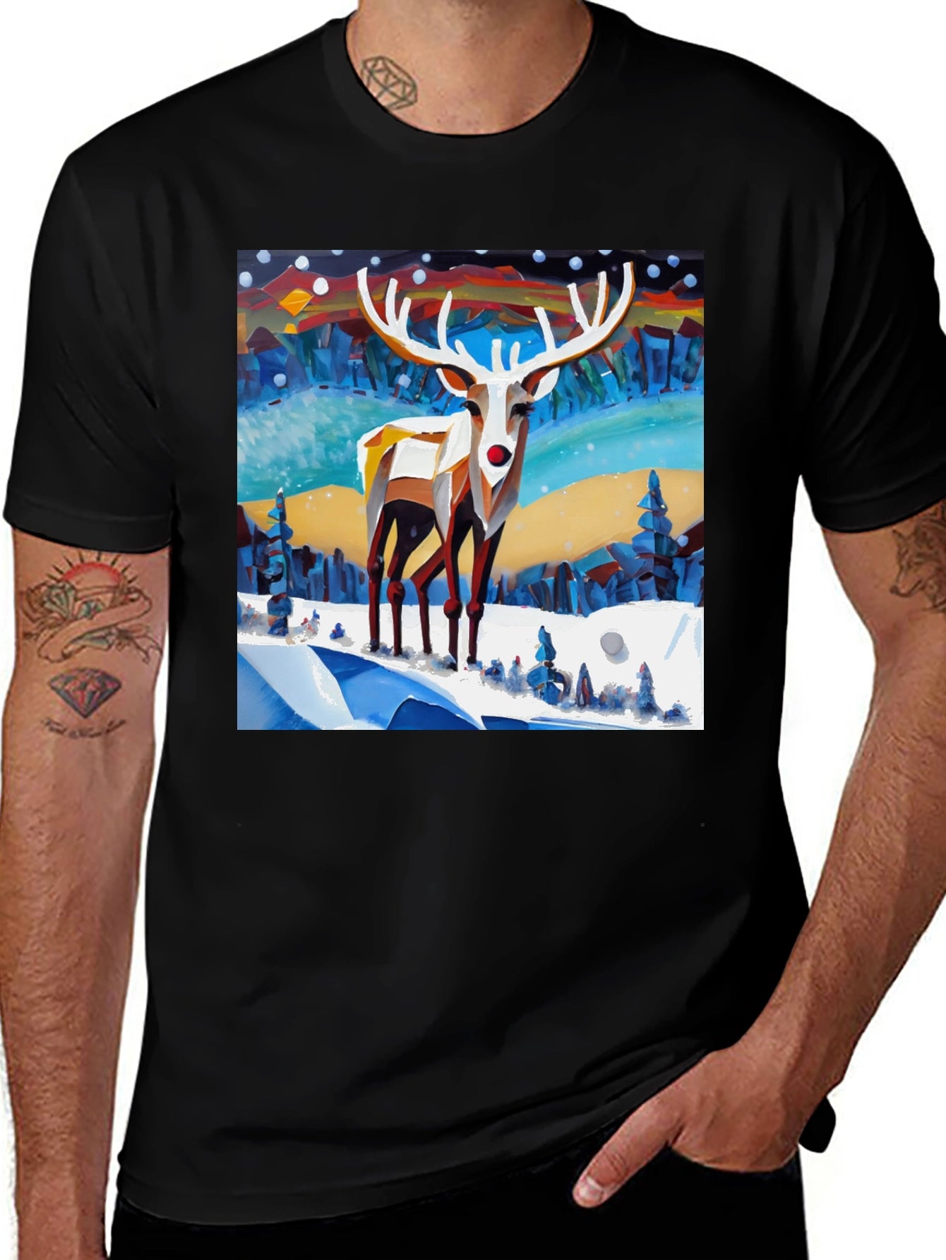 Geometric Reindeer Winter Scene T-Shirt