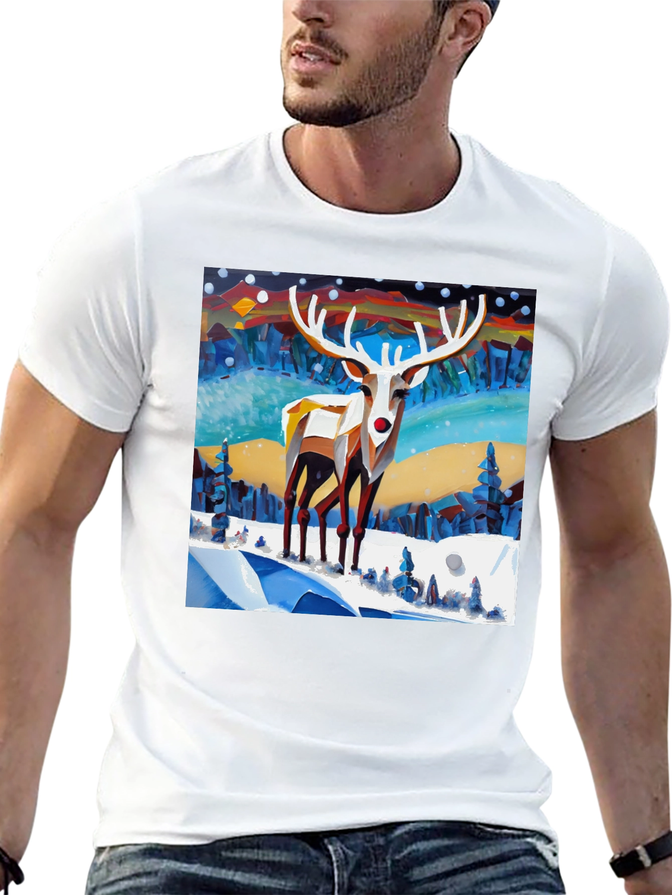 Geometric Reindeer Winter Scene T-Shirt