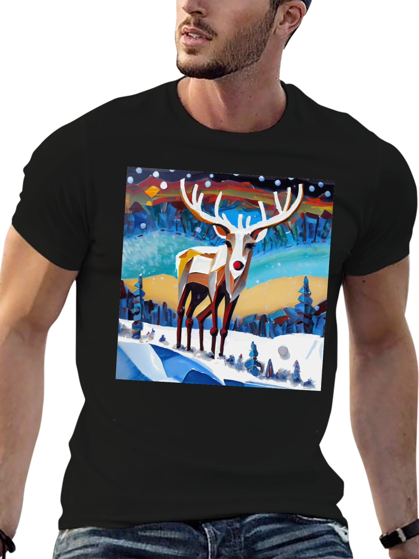 Geometric Reindeer Winter Scene T-Shirt