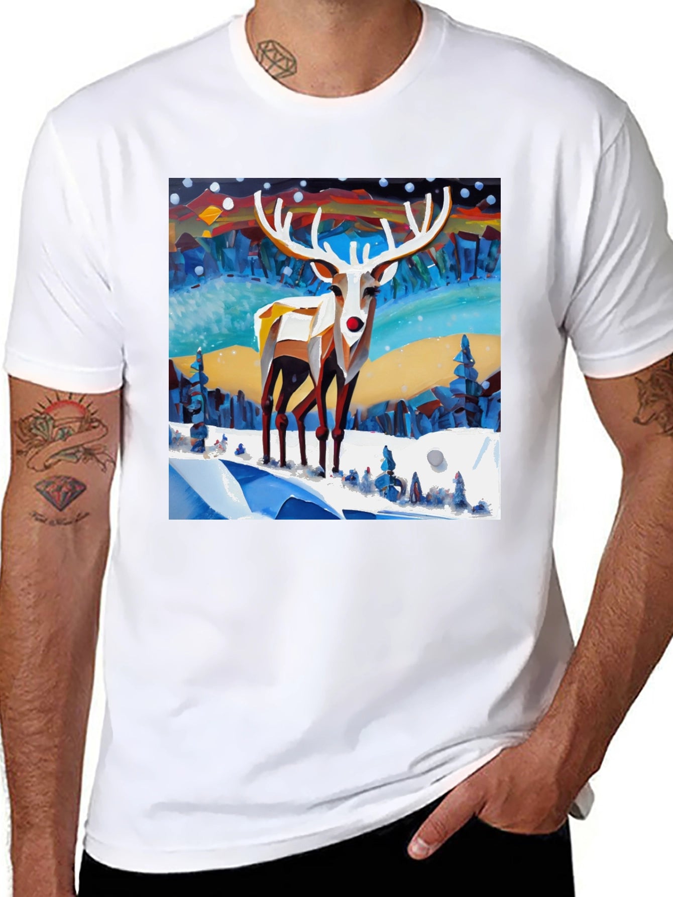 Geometric Reindeer Winter Scene T-Shirt