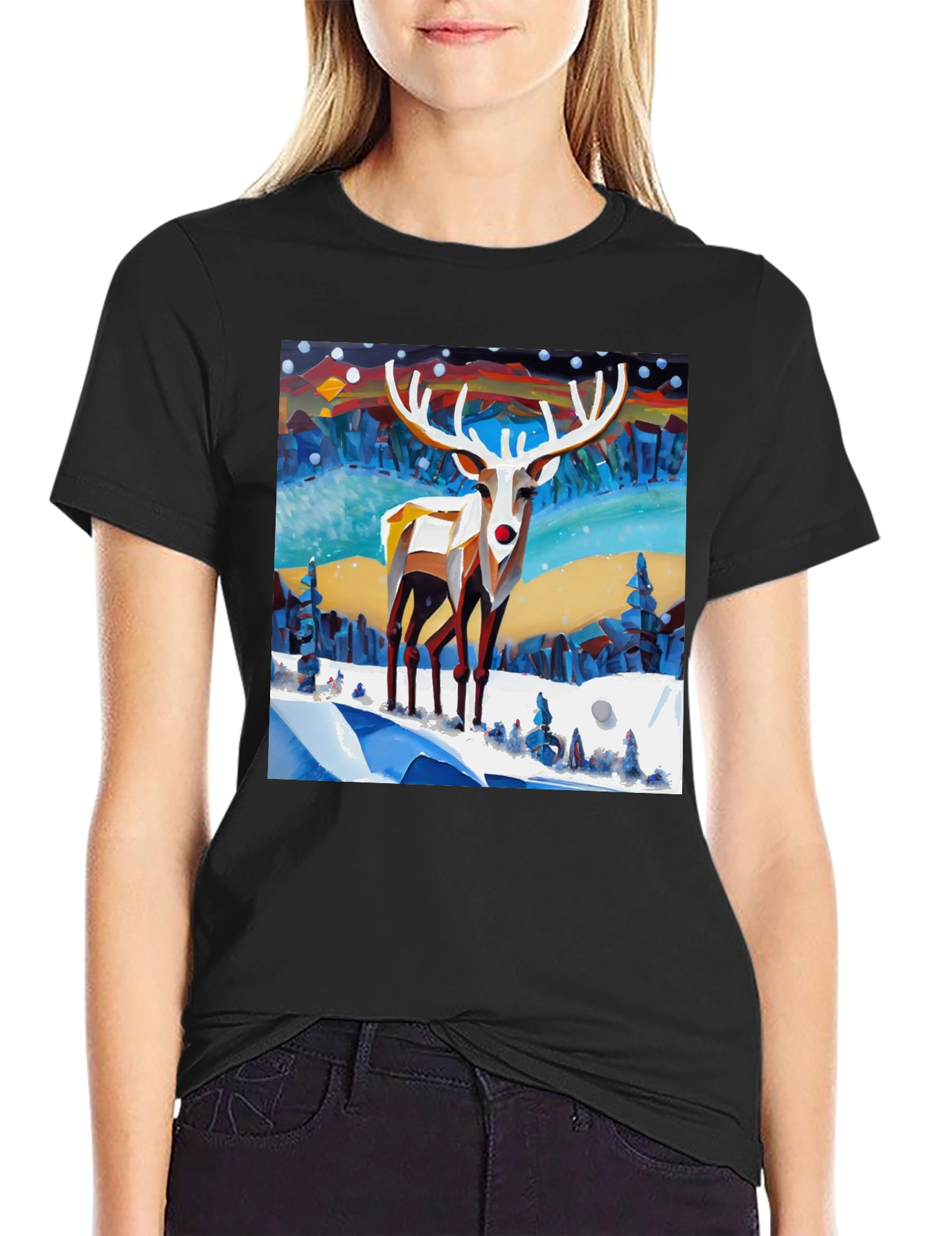 Geometric Reindeer Winter Scene T-Shirt