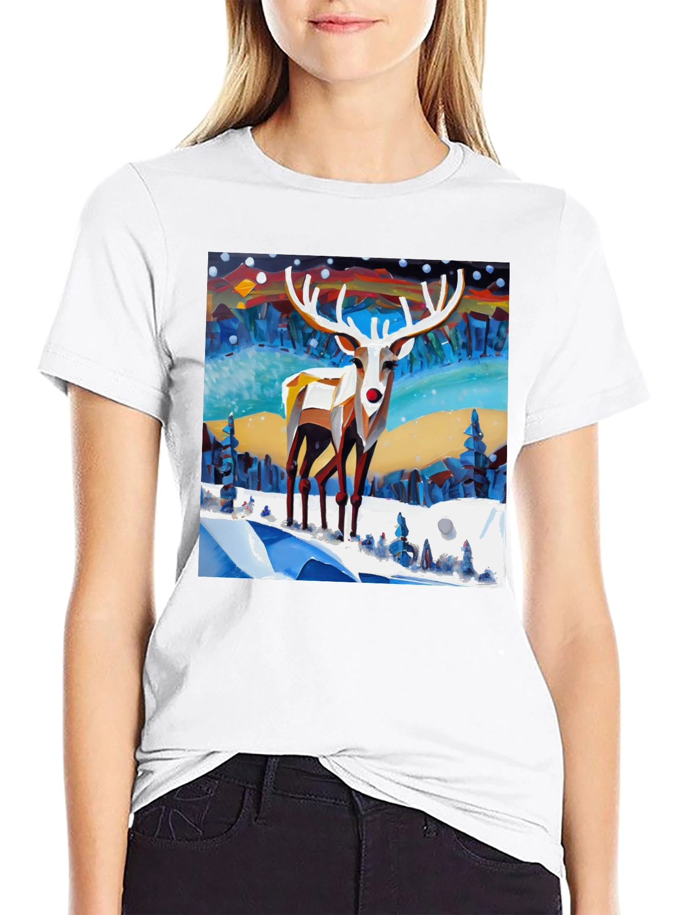 Geometric Reindeer Winter Scene T-Shirt