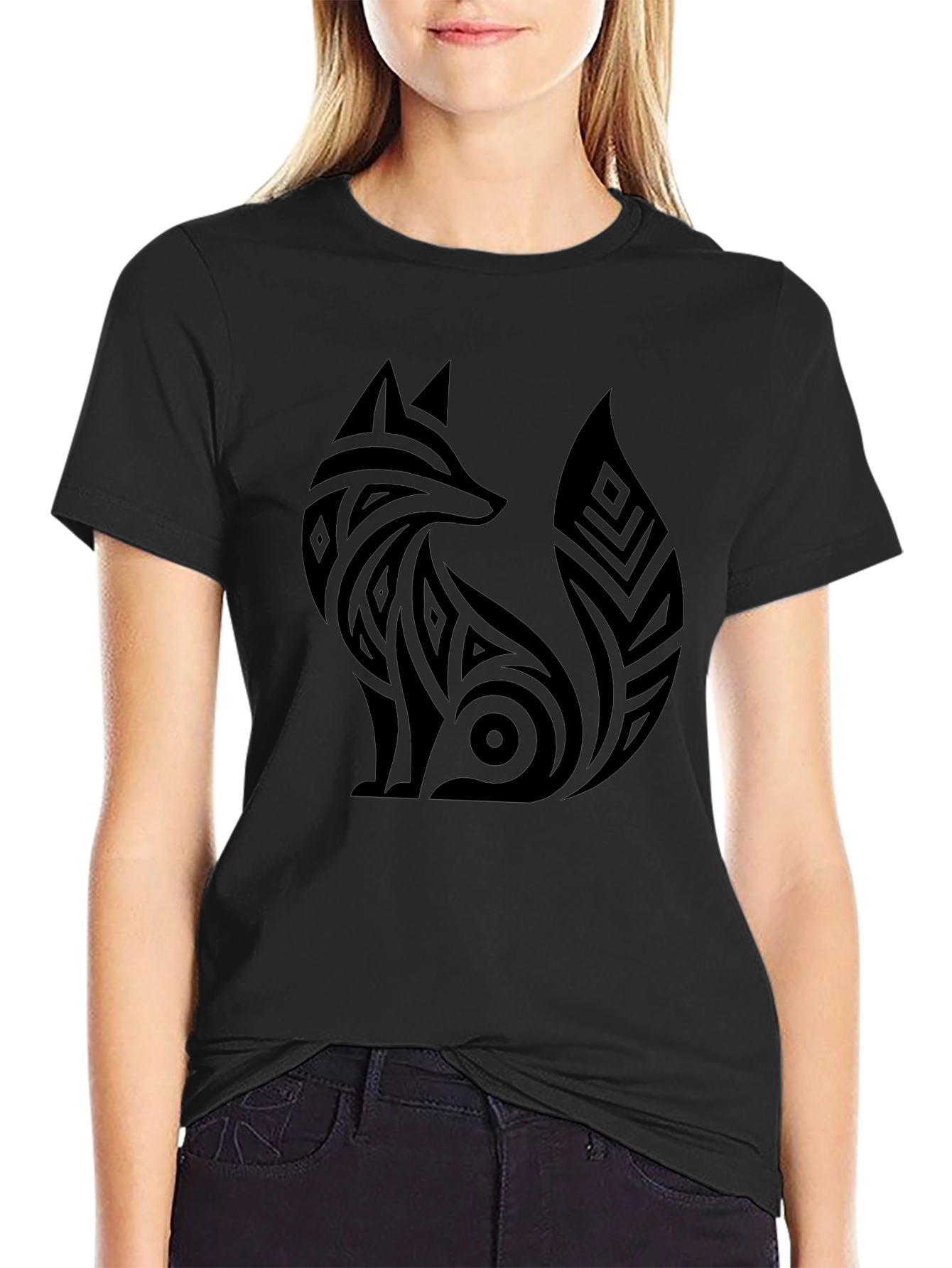 Tribal Fox Graphic Tee - Black Cotton T-Shirt