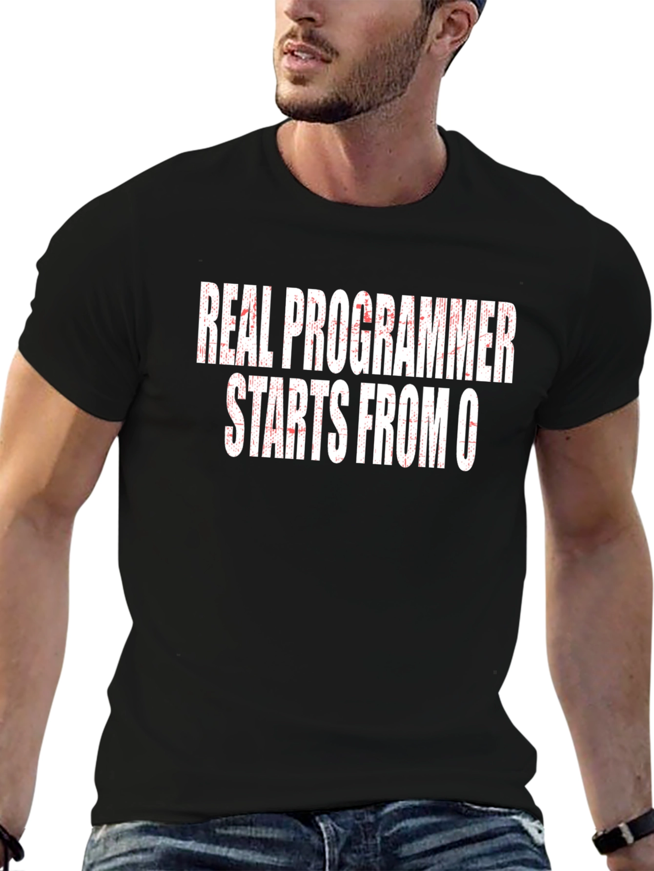 Real Programmer Starts From 0 Funny Black T-Shirt