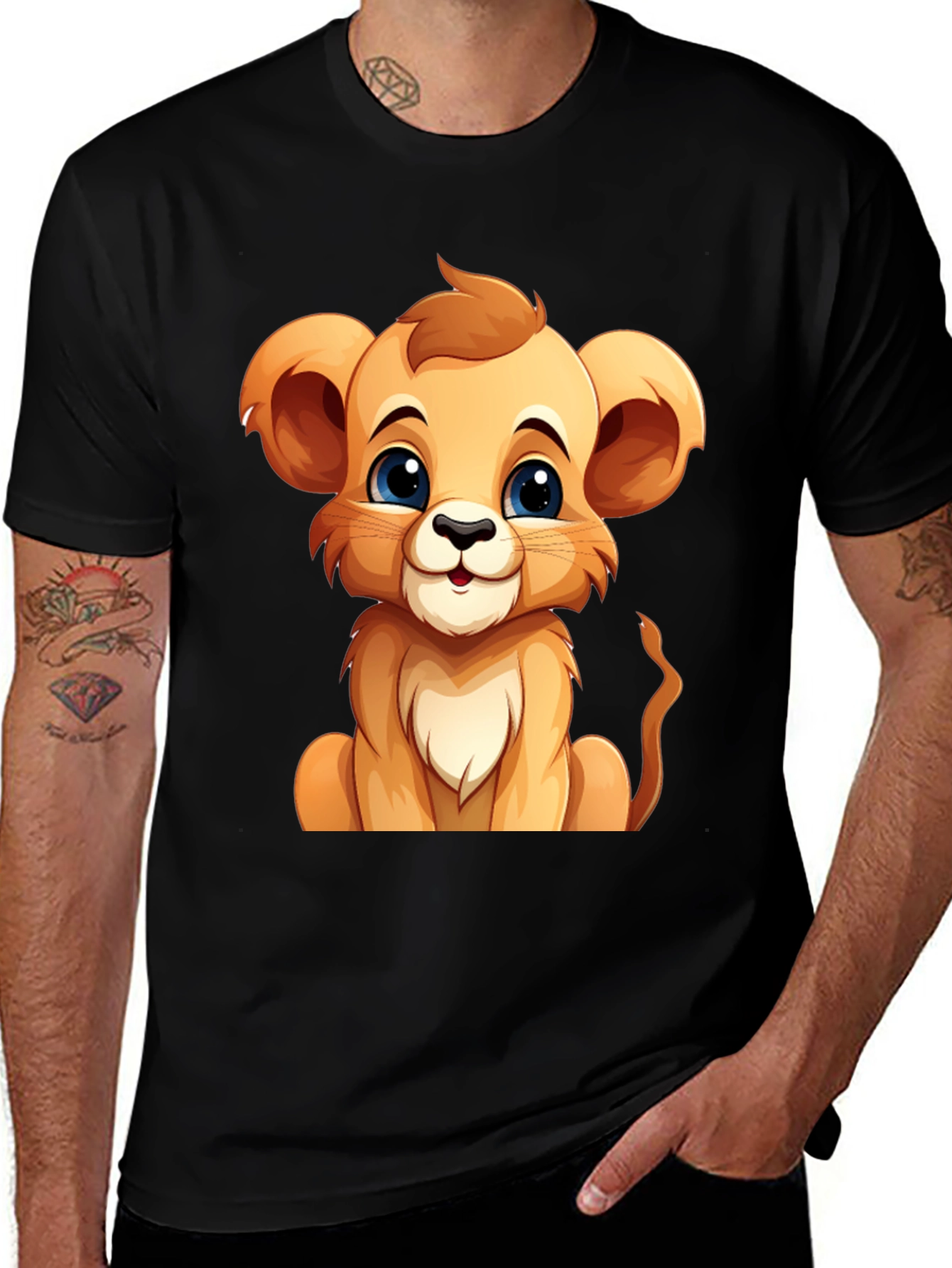 Cute Lion Cub Graphic Tee - Black Unisex T-Shirt