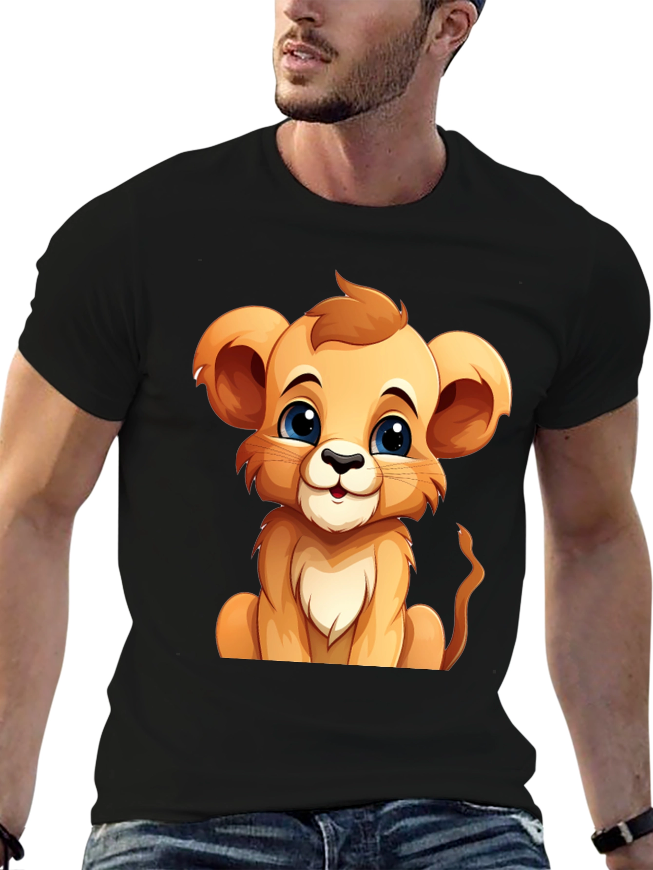Cute Lion Cub Graphic Tee - Black Unisex T-Shirt