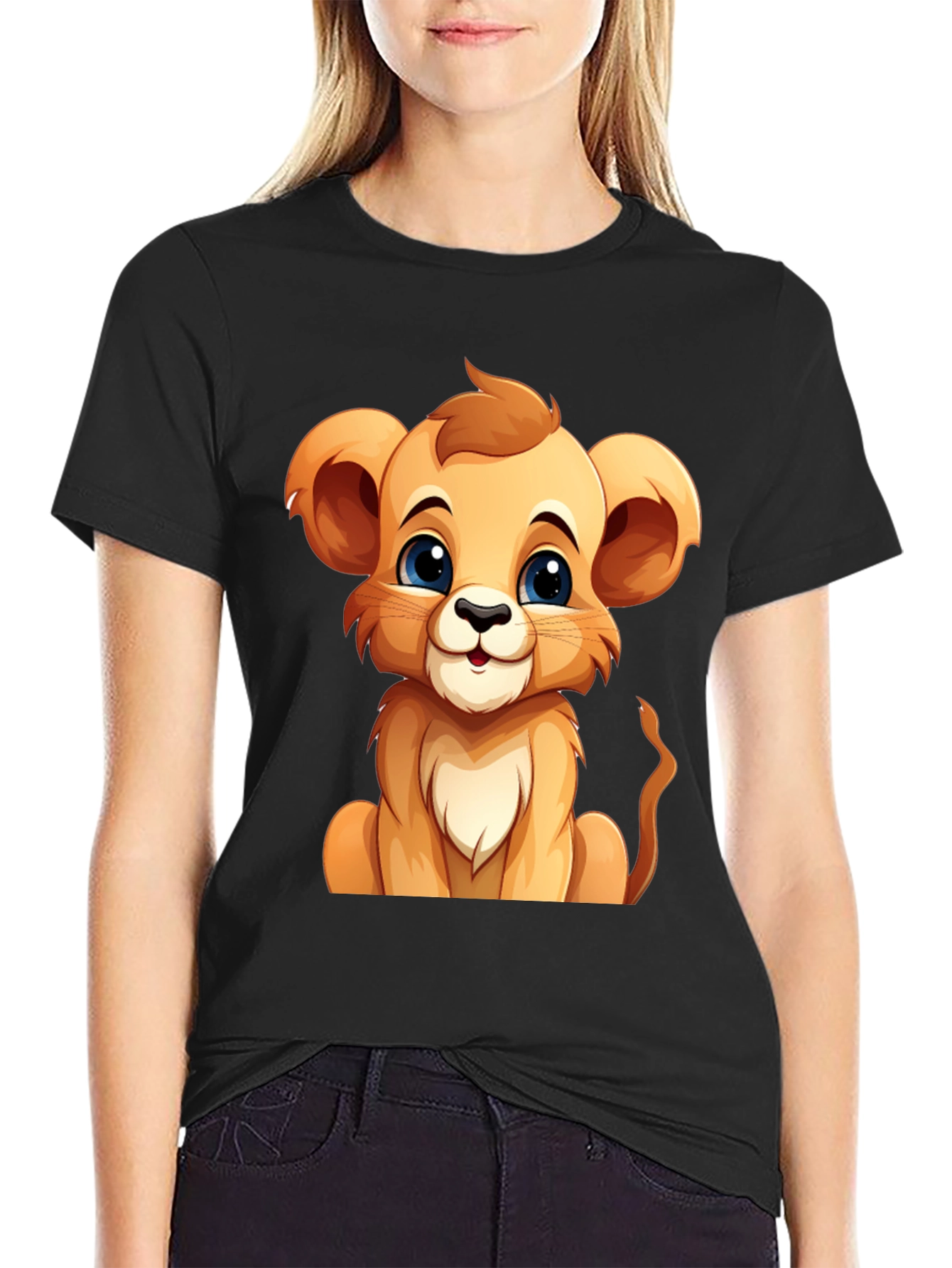 Cute Lion Cub Graphic Tee - Black Unisex T-Shirt