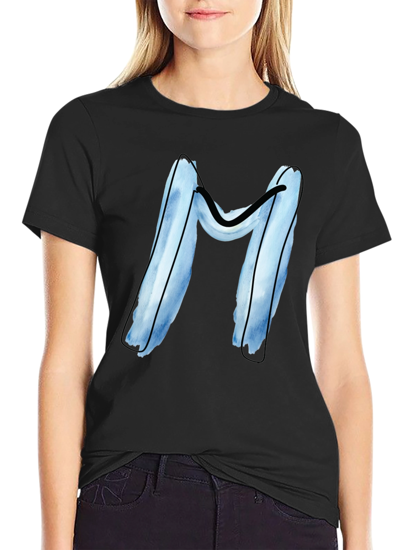Blue Letter M Graphic Black T-Shirt