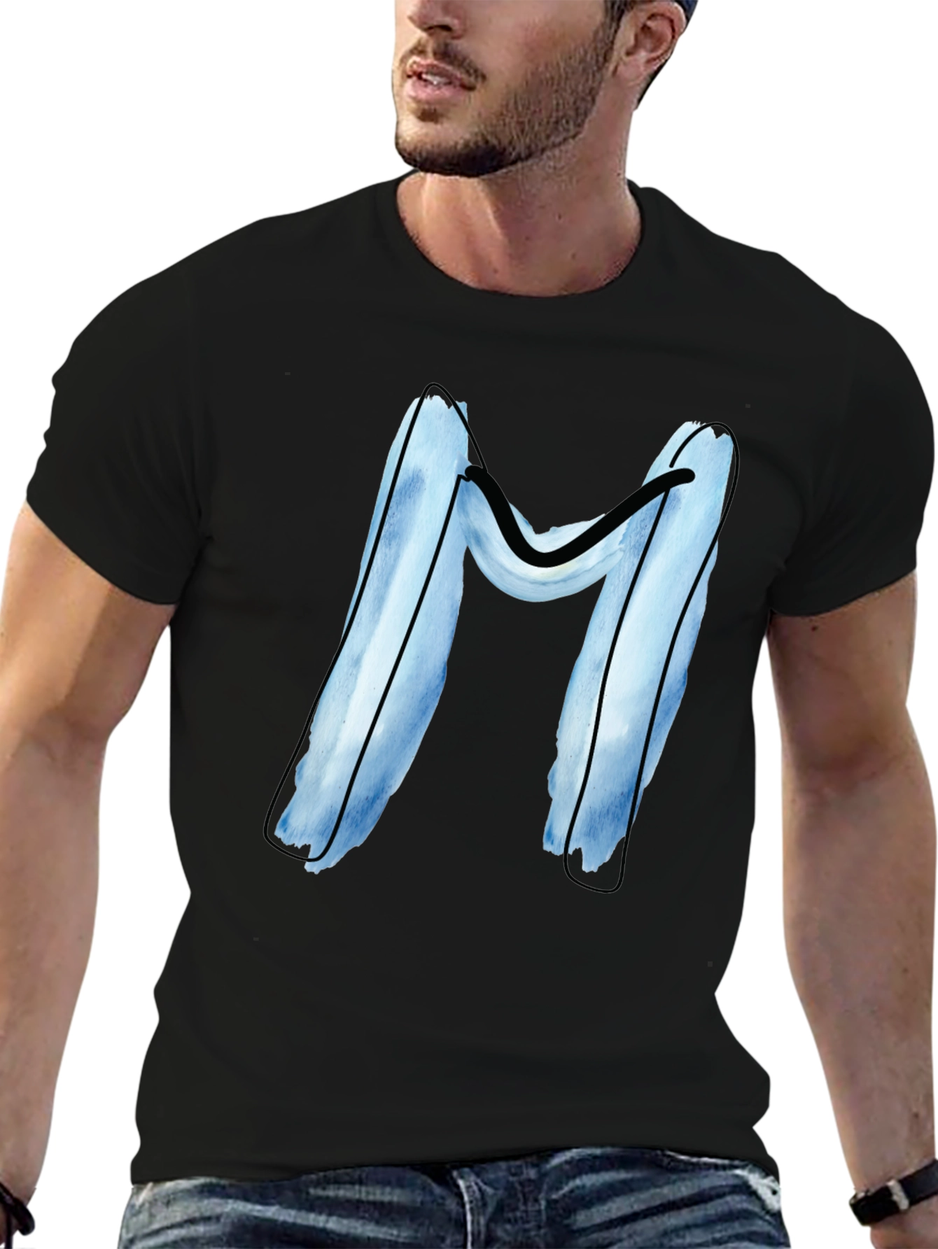 Blue Letter M Graphic Black T-Shirt